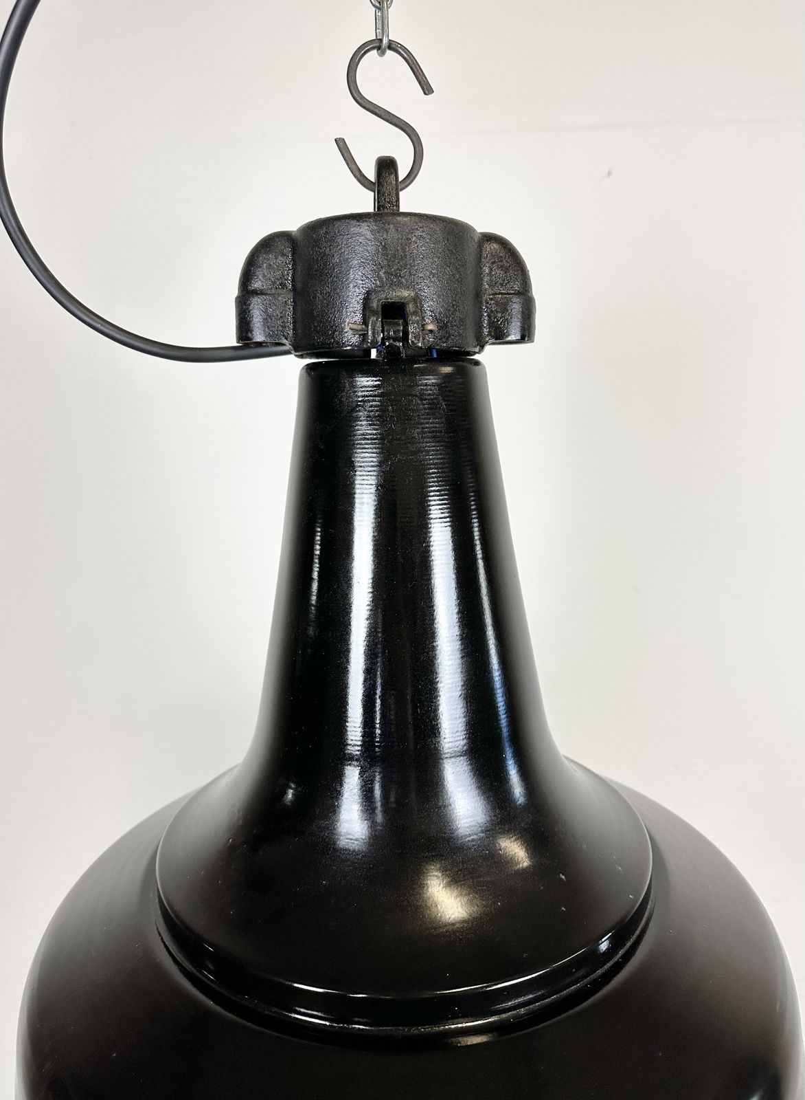 Industrial Black Pendant Factory Lamp With Cast Iron Top, 1970s, 2x photo 199.0