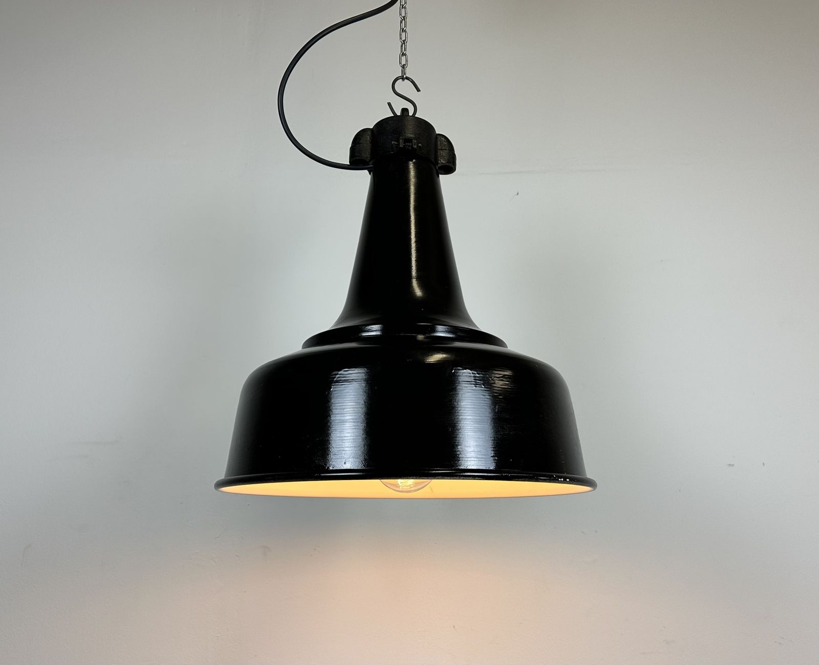 Lighting Industrial Black Pendant Factory Lamp With Cast Iron Top, 1970s, 2x photo
