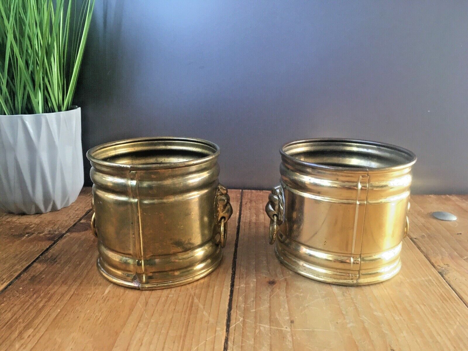 Pair Of Vintage Bates Brass Lions Head Handles Herb Cacti Planters Plant Pots photo vinterior