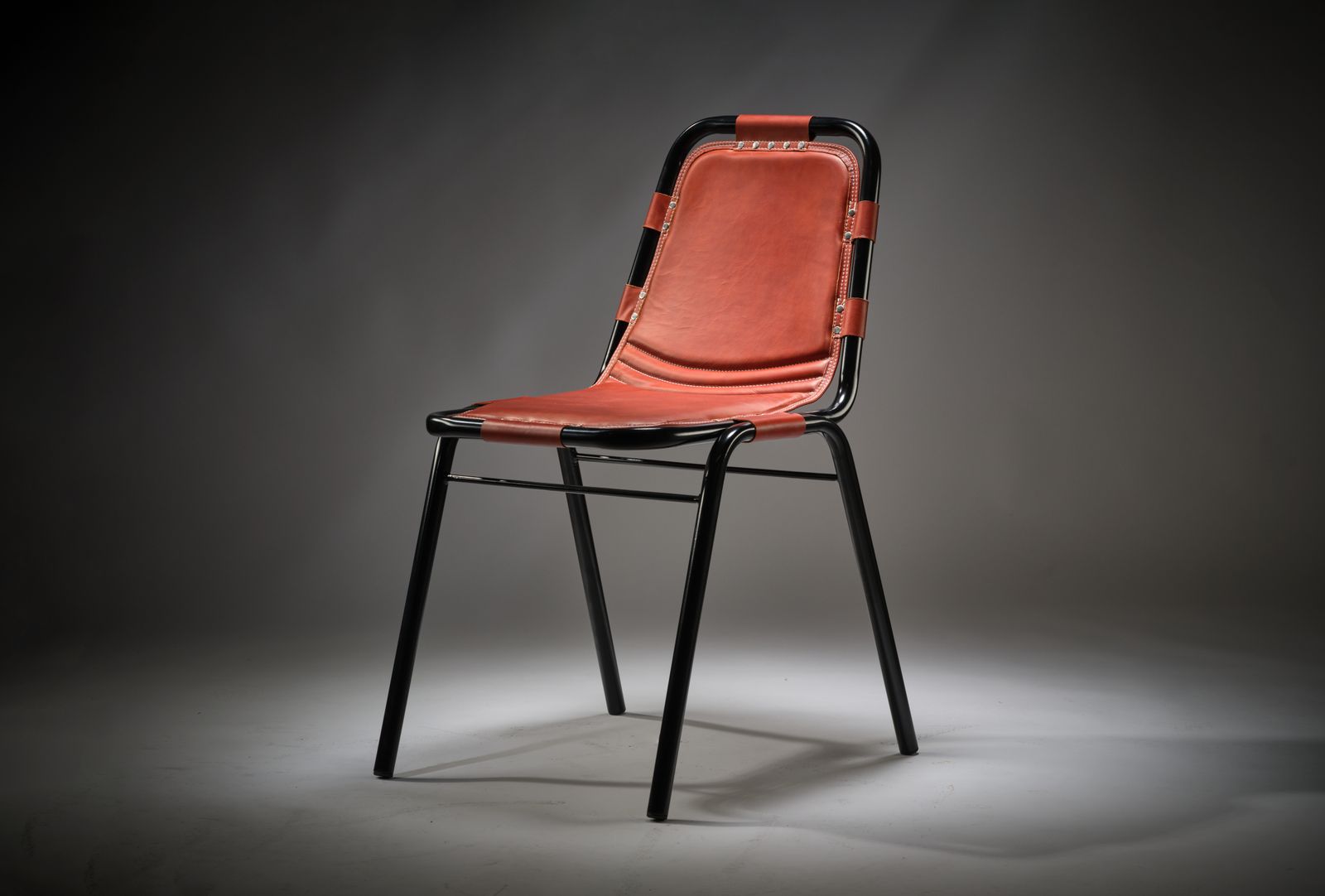 Rare Fully Restored Black Enamel & Hand Stitched Saddle Leather Dining Chair In The Manner Of The Les Arc Chair By Charlotte Perriand, Circa 1970’s,