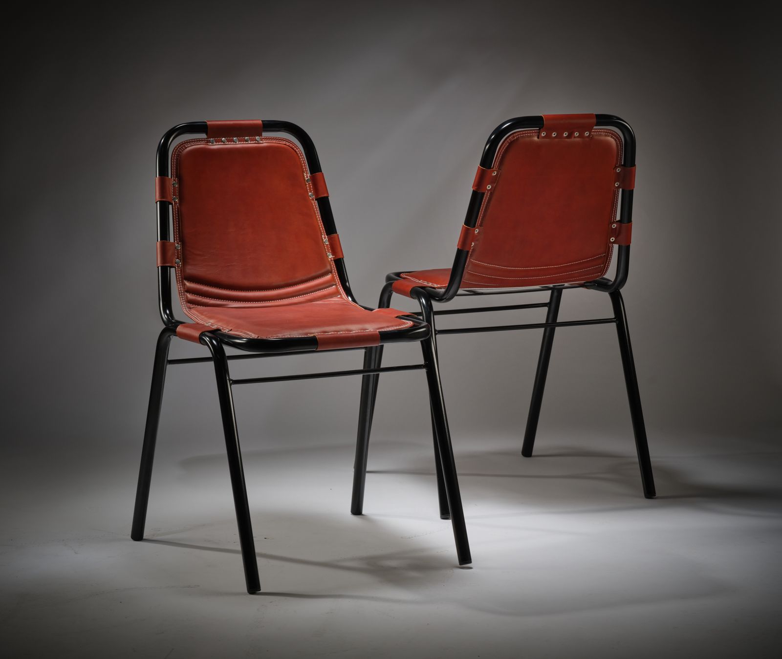 Rare Fully Restored Black Enamel & Hand Stitched Saddle Leather Dining Chair In The Manner Of The Les Arc Chair By Charlotte Perriand, Circa 1970’s, photo 1495.0