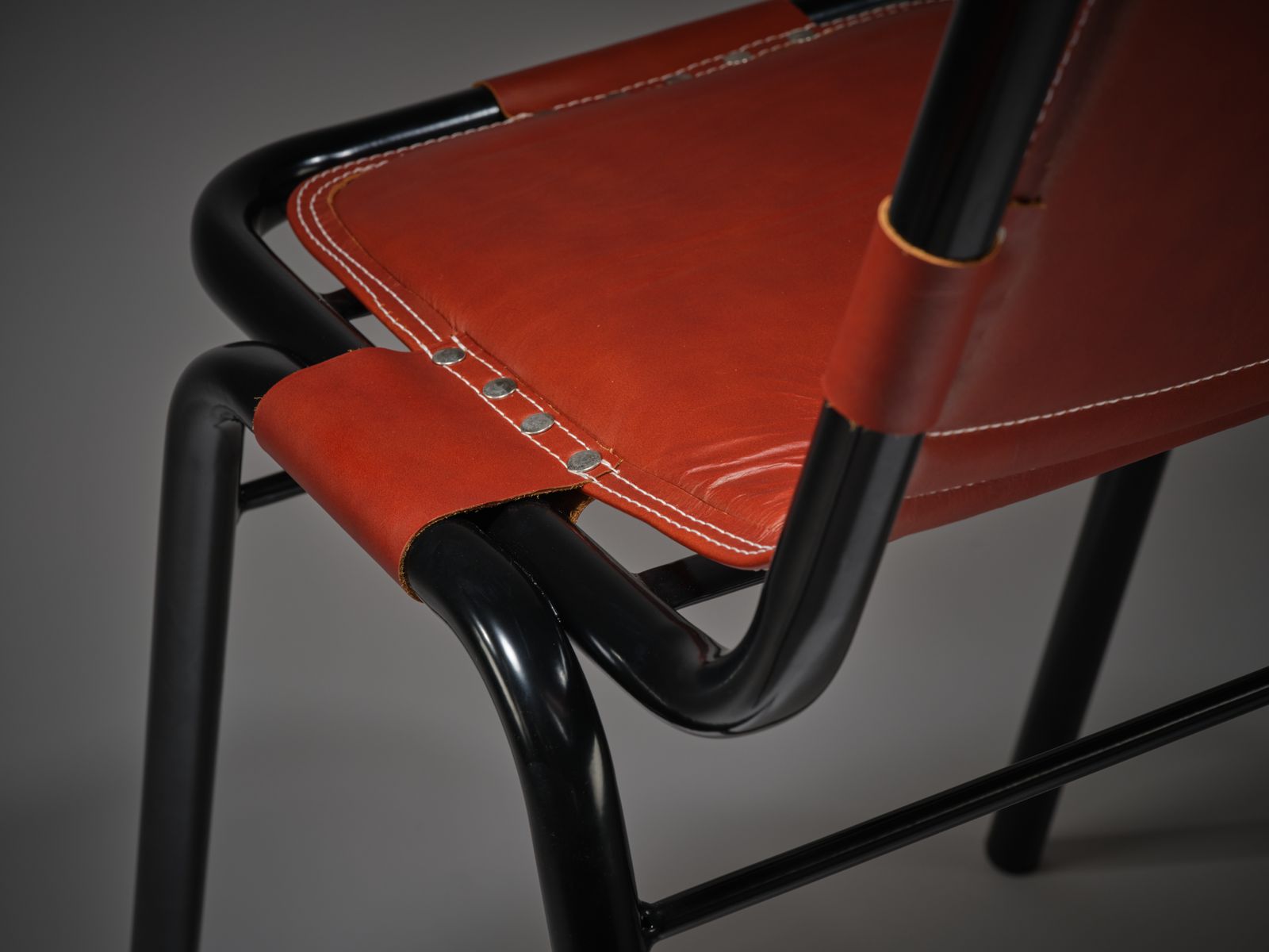 photo for sale Rare Fully Restored Black Enamel & Hand Stitched Saddle Leather Dining Chair In The Manner Of The Les Arc Chair By Charlotte Perriand, Circa 1970’s,