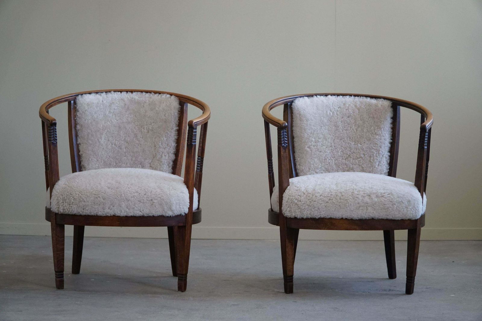 Pair Of Danish Armchairs In Beech, Reupholstered Lambswool, Jugendstil, 1900s photo for sale