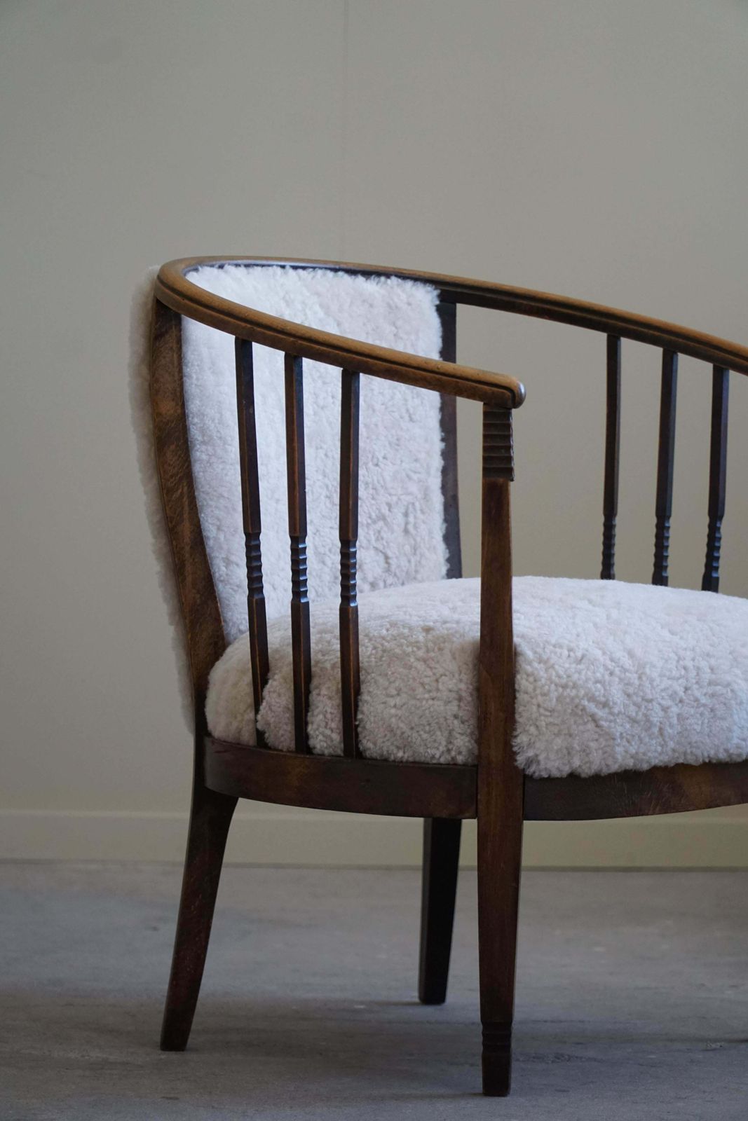 photo buy Pair Of Danish Armchairs In Beech, Reupholstered Lambswool, Jugendstil, 1900s