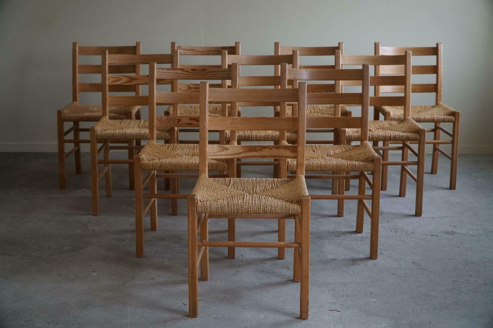 Set Of 10 Dining Chairs In Pine & Seagrass Seats, Danish Mid Century, 1960s photo Furniture