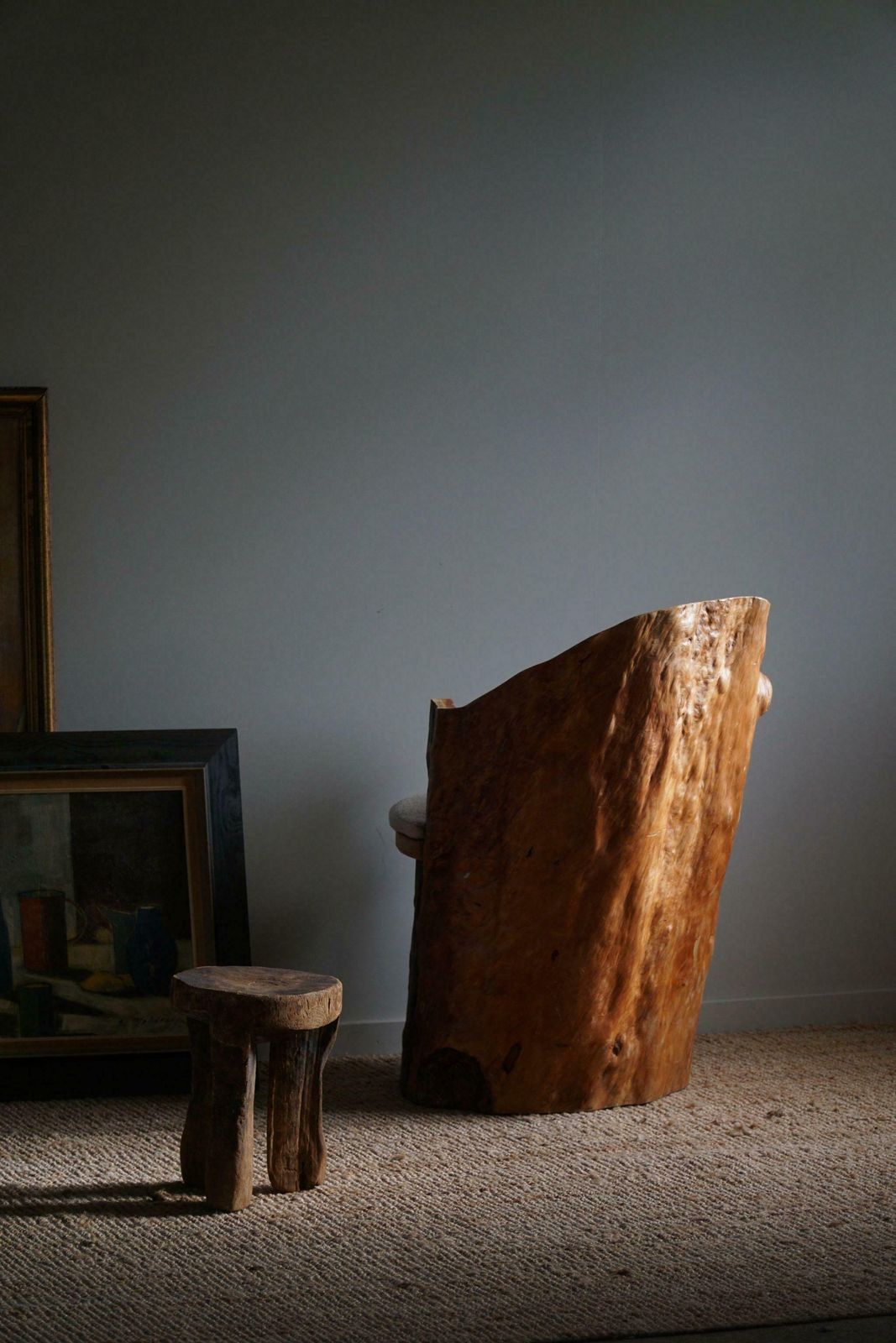Hand Carved Brutalist Stump Chair In Solid Pine, Wabi Sabi Style, Swedish, 1970s photo for sale