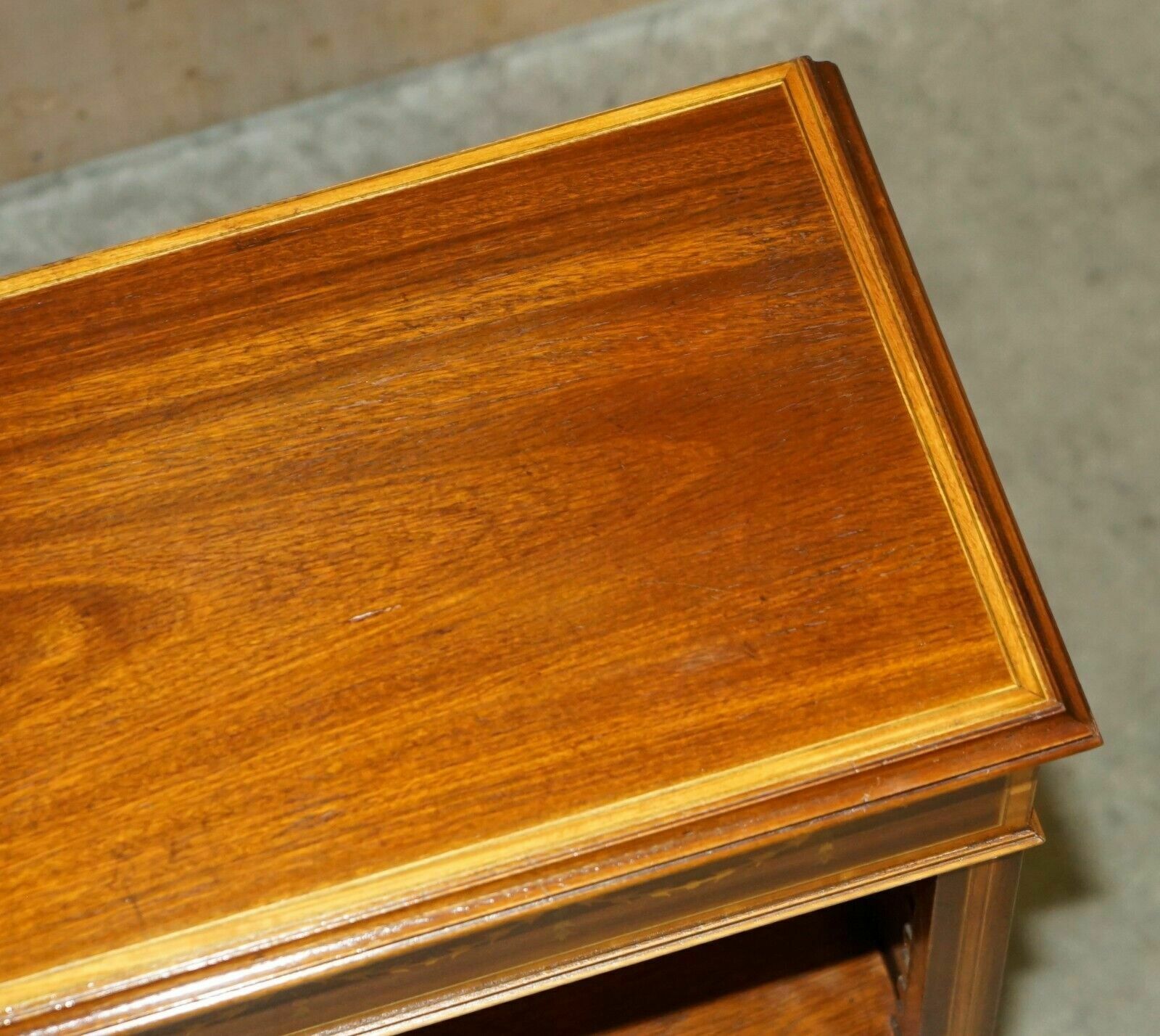 photo for sale Exquisitely Inlaid Brights Of Nettlebed Sheraton Revival Dwarf Open Bookcase