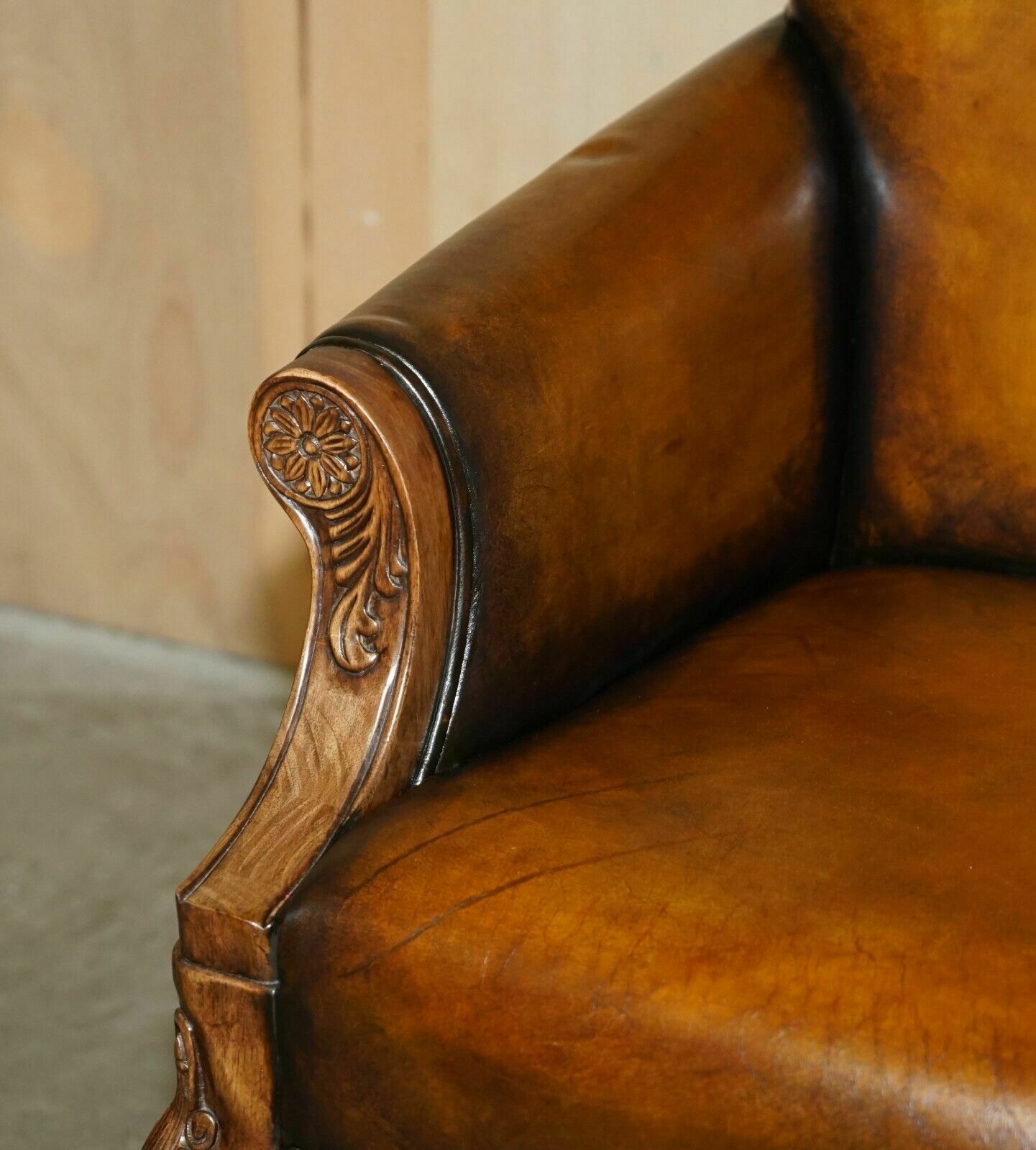 Pair Of Antique Heavily Carved Hand Dyed Brown Leather Restored Throne Armchairs photo 3950.0