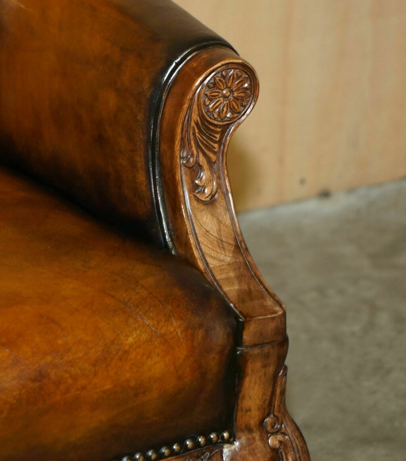 Pair Of Antique Heavily Carved Hand Dyed Brown Leather Restored Throne Armchairs photo vinterior