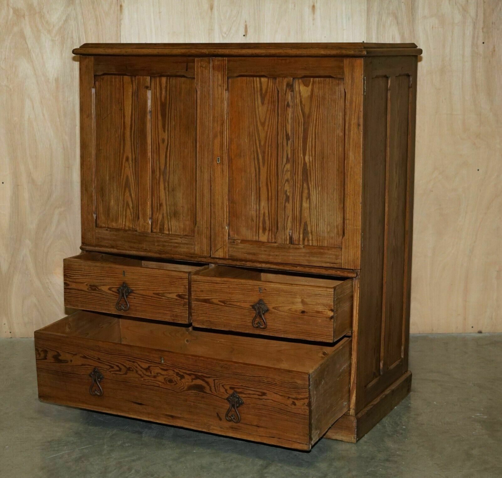 Medium Antique Victorian Pine Housekeepers Cupboard With Sliding Linen Shelf photo for sale