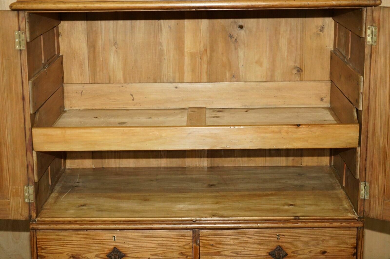 photo furniture Medium Antique Victorian Pine Housekeepers Cupboard With Sliding Linen Shelf