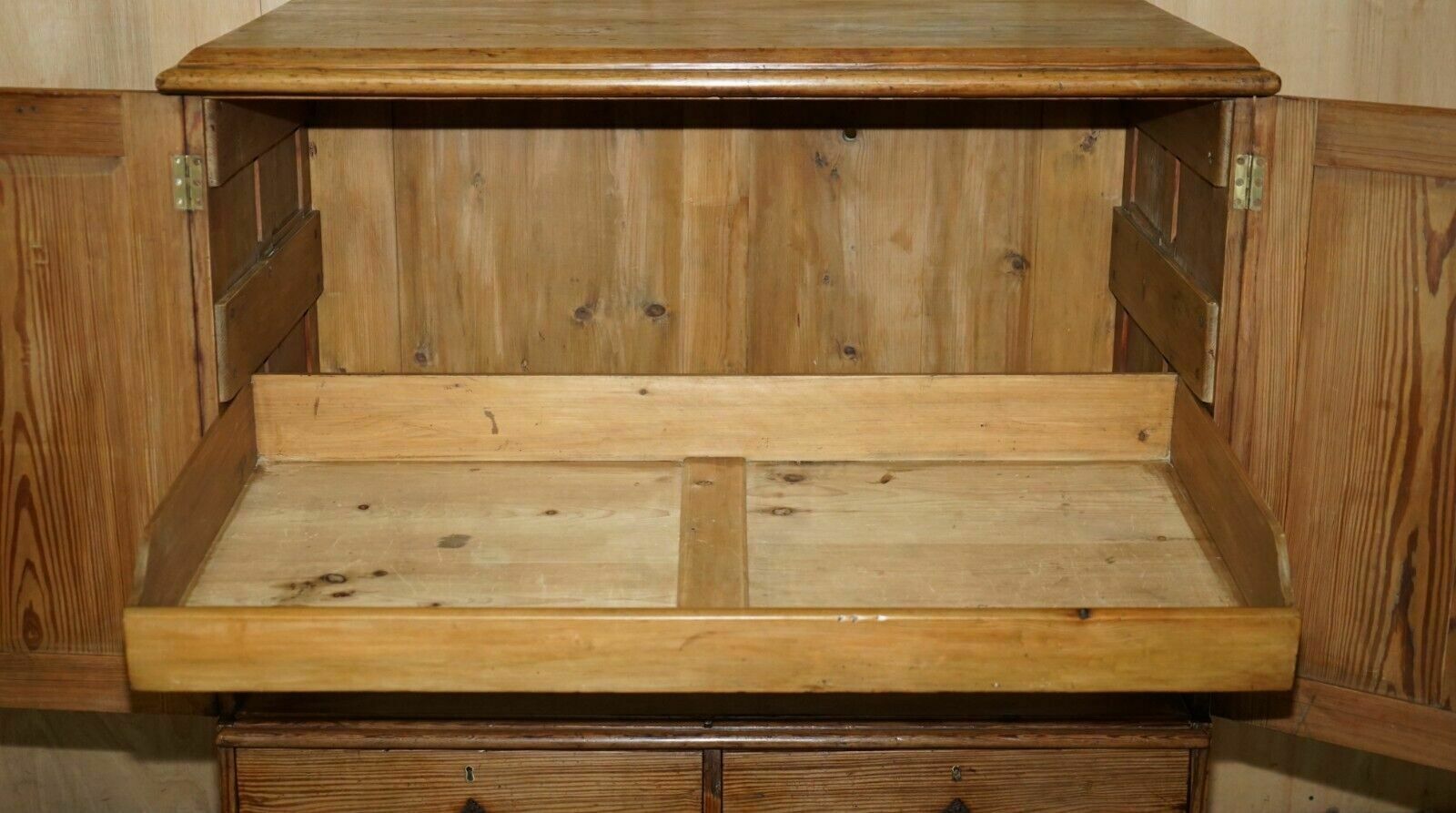 Furniture Medium Antique Victorian Pine Housekeepers Cupboard With Sliding Linen Shelf photo