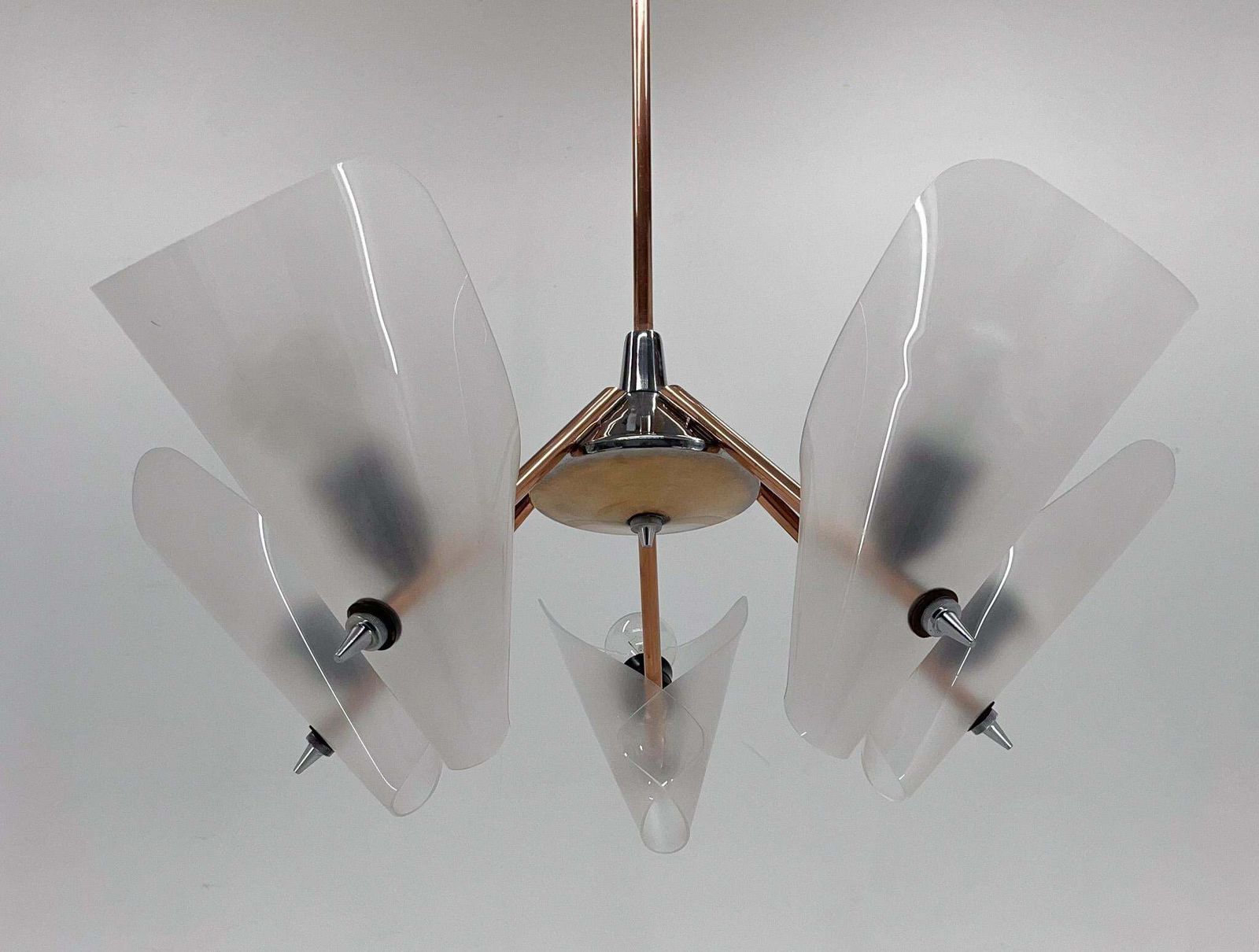 Mid Century Chrome, Copper & Plastic Chandelier By Drukov, 1970s / 2 Pieces Avl £566.92 photo for sale