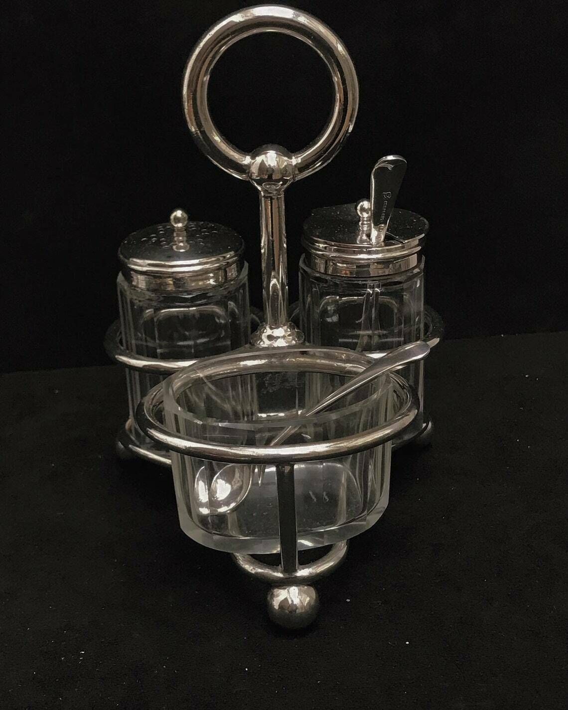 Condiment Set Salt Pepper Cellars Mustard Cruet Set Glasses With Tray Gladwin Ltd Silver Plated Wedding Gift