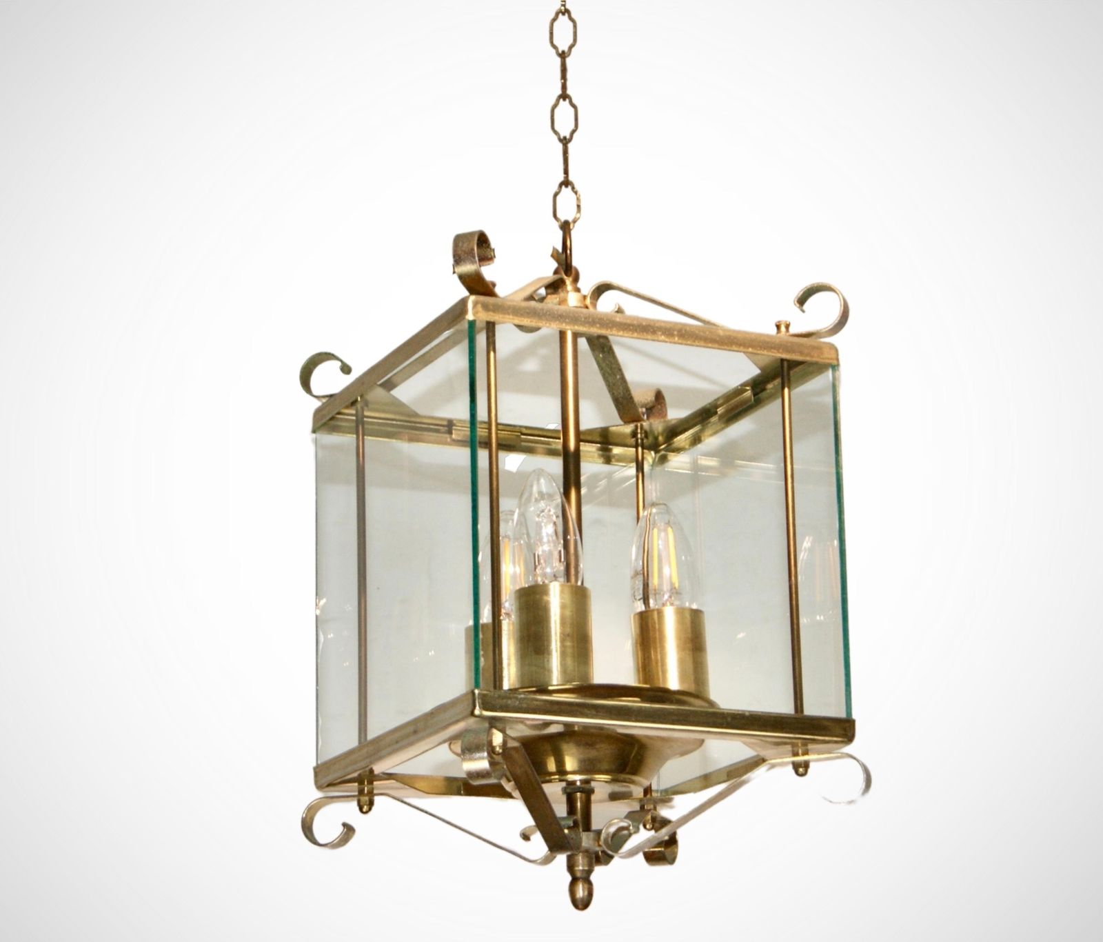 1930s Triple Lights Glazed French Lantern Suspension Pendant Chandelier