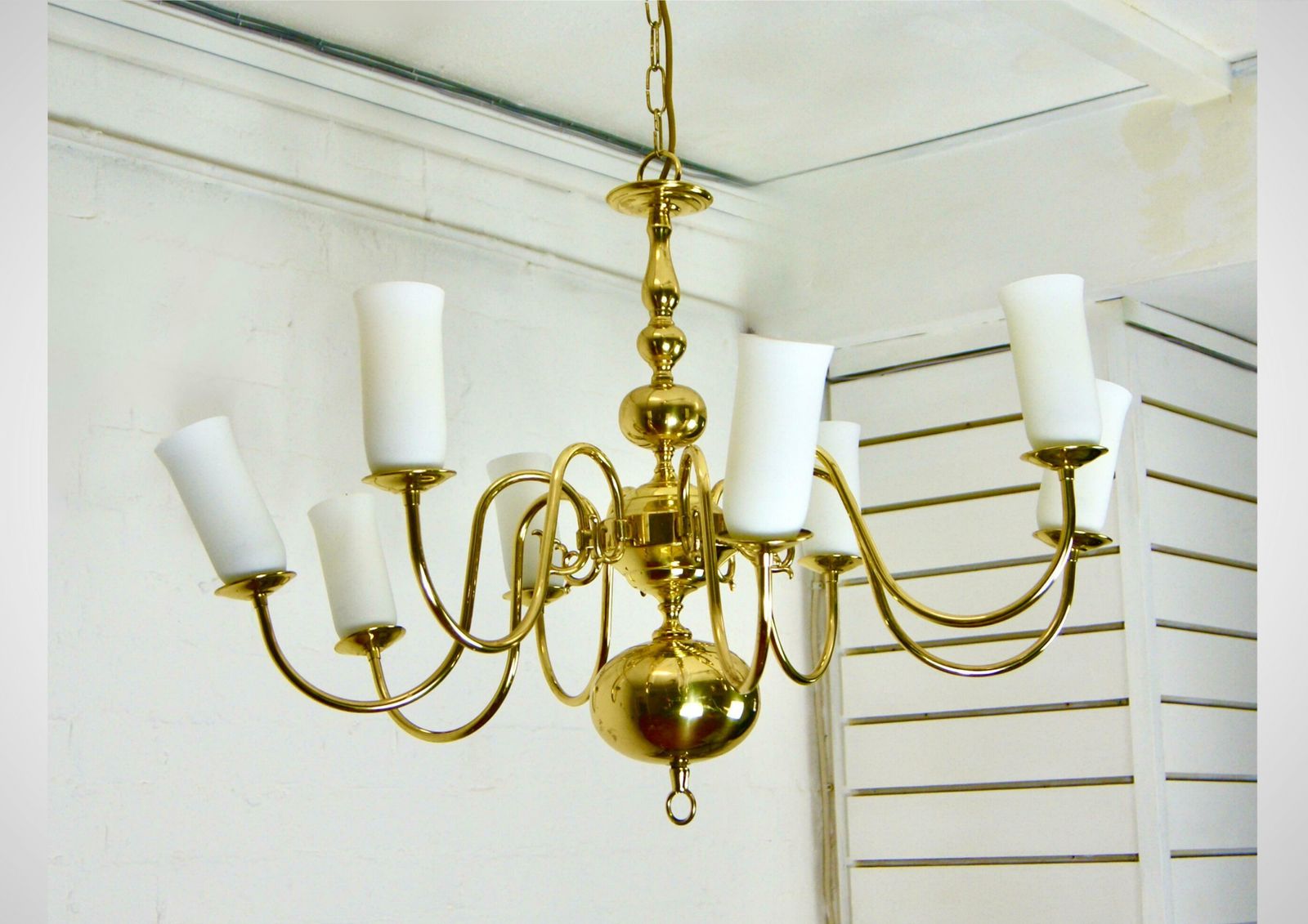 1970s Dutch 8 Arm Brass Chandelier With Glass Shades photo furniture
