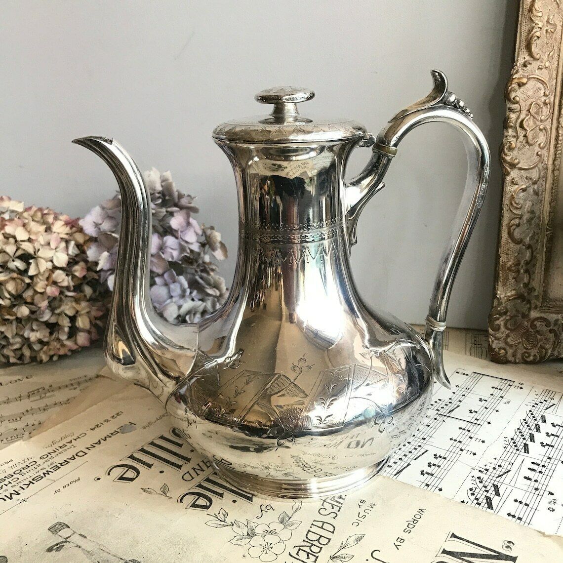 Antique Silver Plated Teapot / Engraved Coffee Pot. 1800's. Downton Abbey. Shabby Chic.