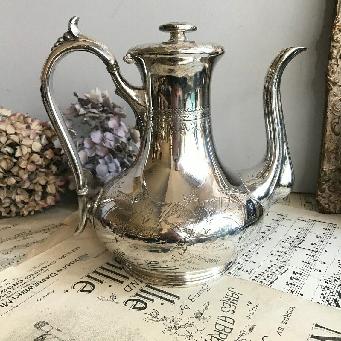 Antique Silver Plated Teapot / Engraved Coffee Pot. 1800's. Downton Abbey. Shabby Chic. photo furniture