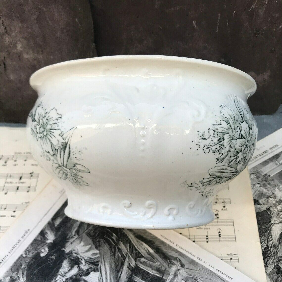 photo furniture Antique Transfer Ware Chamber Pot. Decorative Orchids. Floral Design Flower Pot Vase. Shabby Chic. Bathroom Decor. 1800's. Home Decor