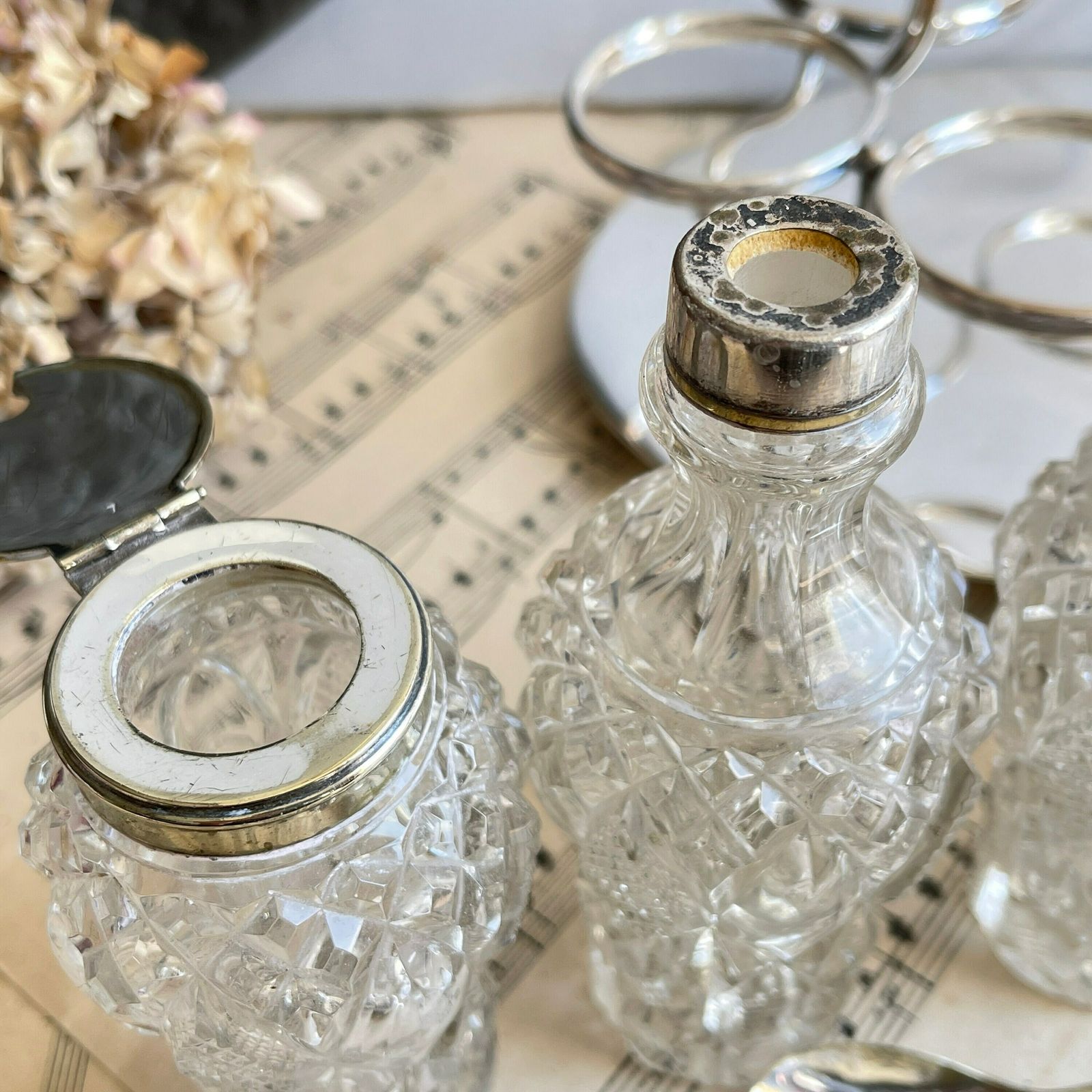 Victorian Silver Plated Cruet Set. 6 Bottle Set. Oil Vinegar Salt Pepper Mustard. Cut Glass Bottles. Downton Abbey photo 335.0