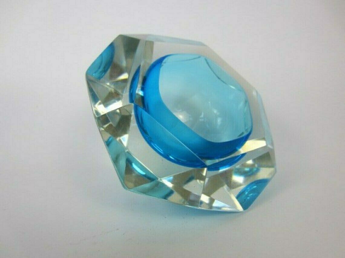 Murano Xxl Light Blue Faceted Sommerso Art Glass Bowl Poli Seguso Era photo for sale