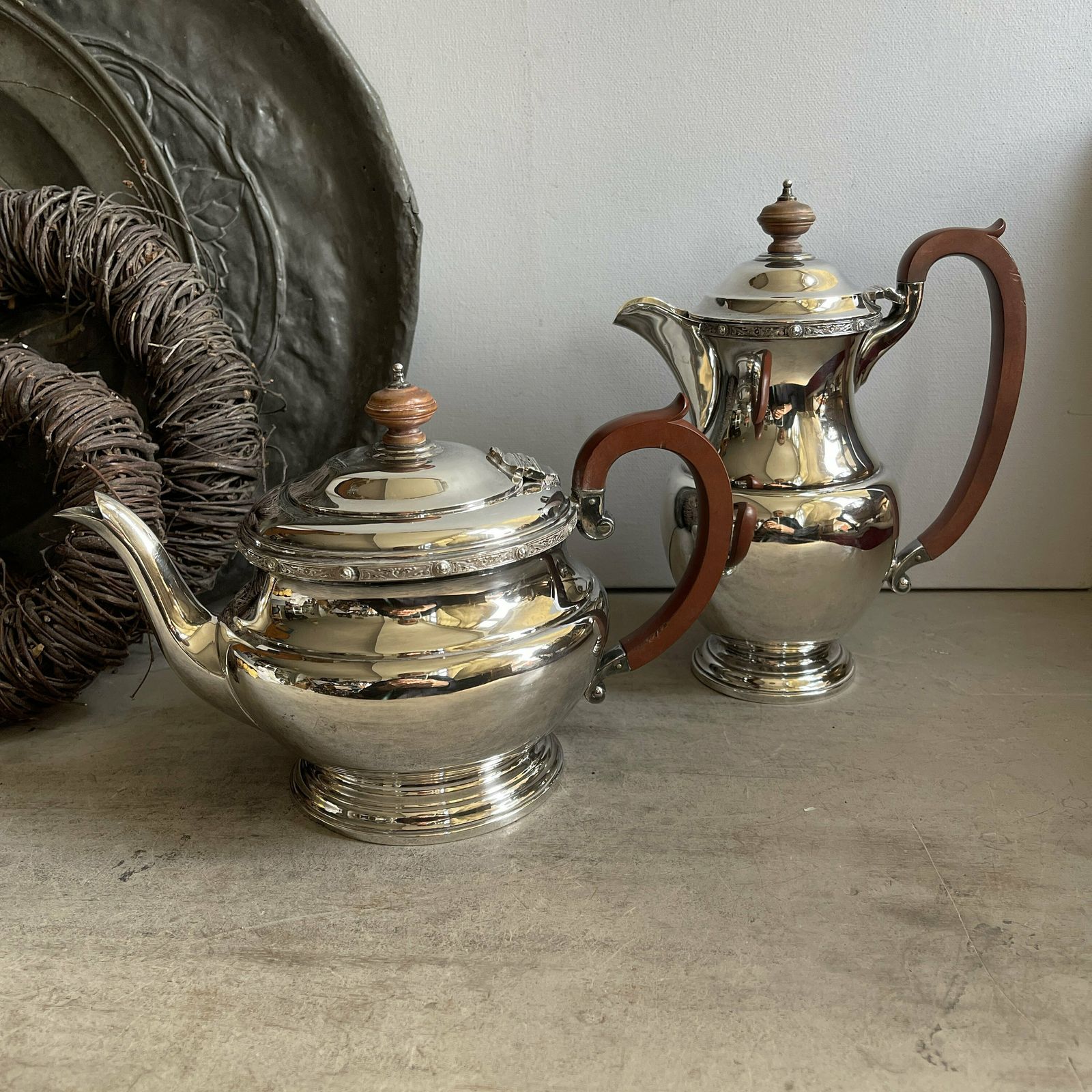 Vintage Antique 2 Piece Silver Plated Tea Set. Hot Water Pot. Tea Pot. Adie Brothers. Downton Abbey. Shabby Chic photo furniture
