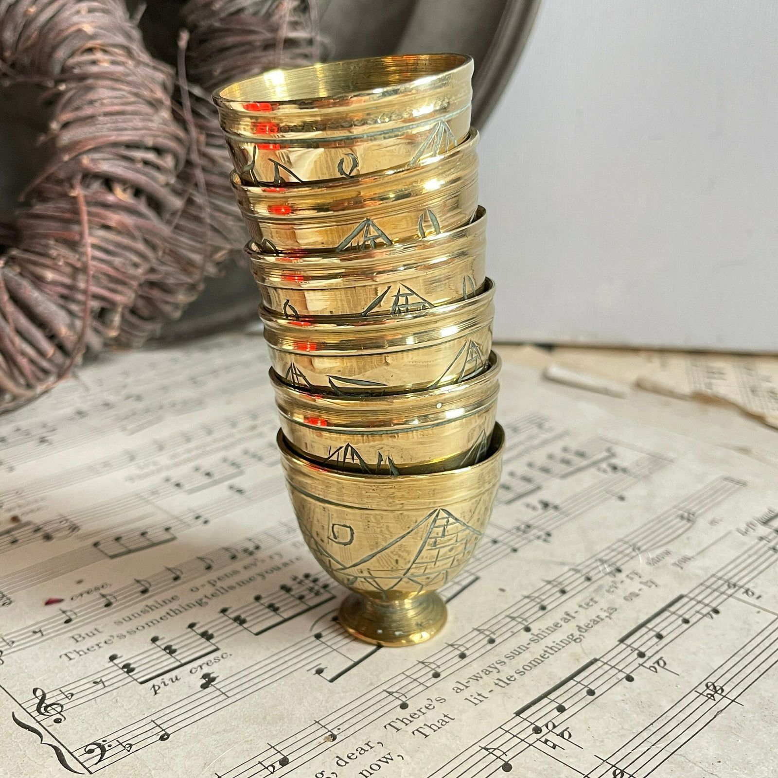 photo furniture Vintage Set Of 6 Brass Shot Goblets. Etched Chalice. Game Of Thrones. Vintage Drinkware. Drink Photo Props. Chalice