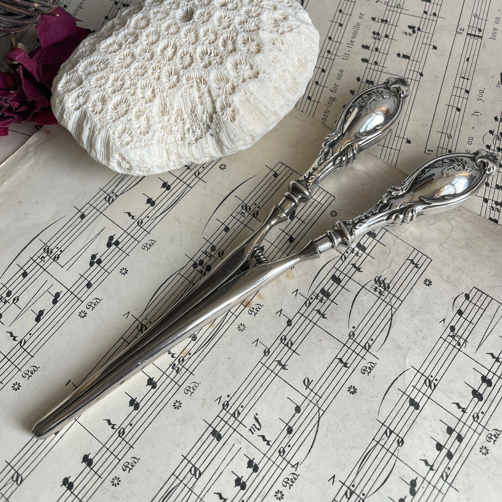 Antique English Silver Glove Stretchers   Edwardian Glove Tongs   Gift For Her   Dressing Table Accesory   Downton Abbey photo vintage