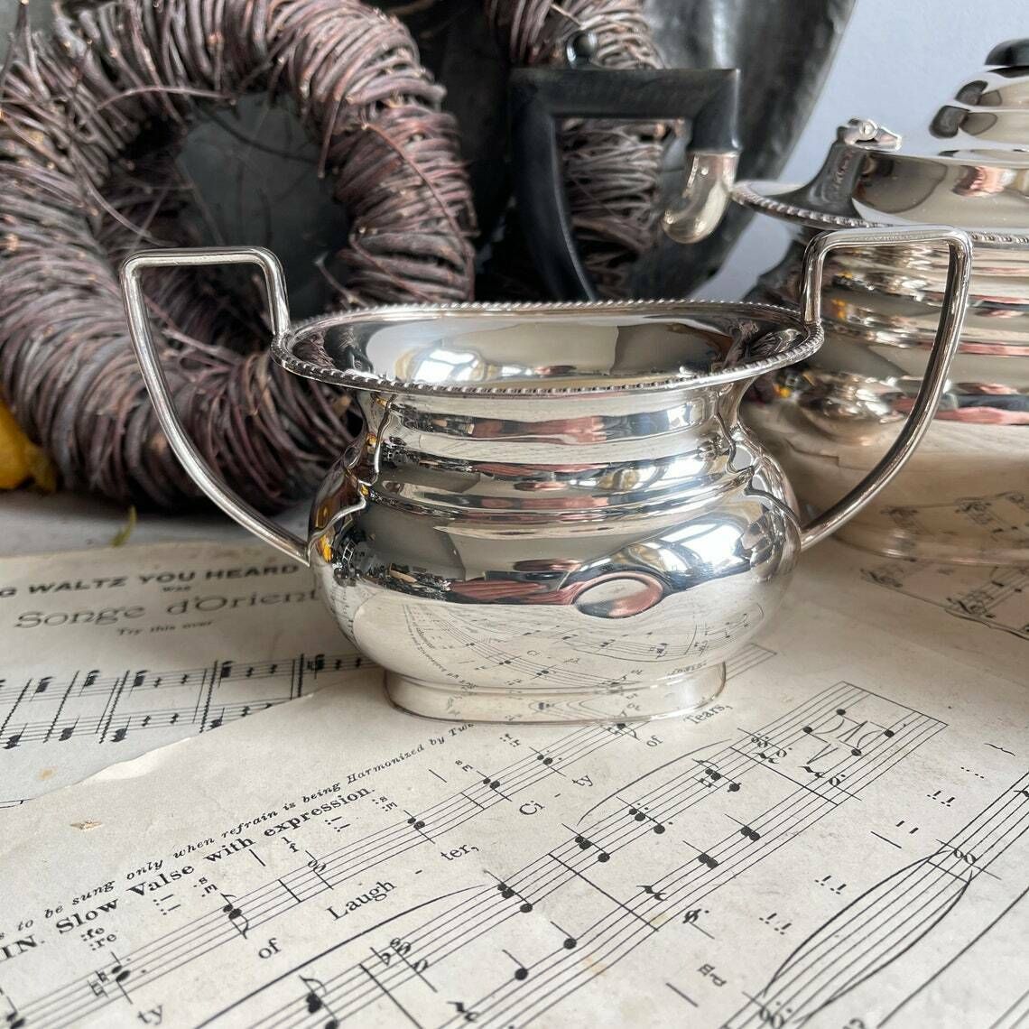 Vintage Silver Plated 3 Piece Tea Set, Garrard & Co Teapot, Milk Jug, Sugar Bowl. Shabby Chic. Wedding Breakfast. Downton Abbey photo for sale