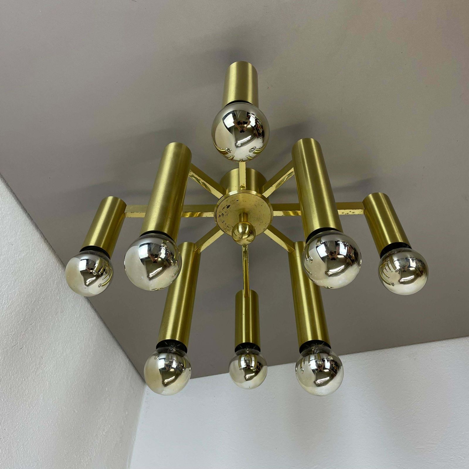 Large Tube Brass 8 Bulb Stilnovo Style Flush Mount Ceiling Light, Italy 1960s photo for sale