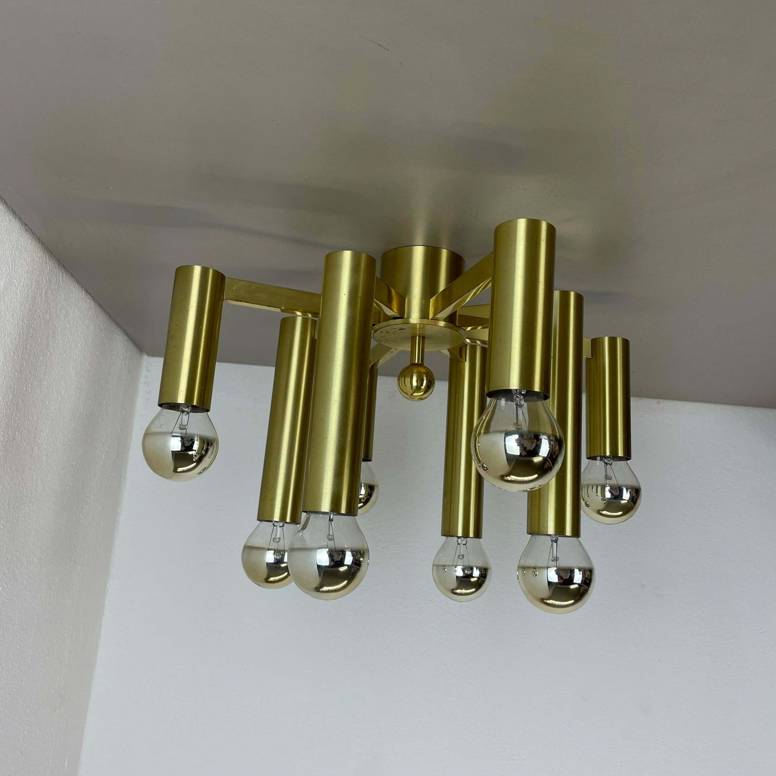 Large Tube Brass 8 Bulb Stilnovo Style Flush Mount Ceiling Light, Italy 1960s photo Lighting