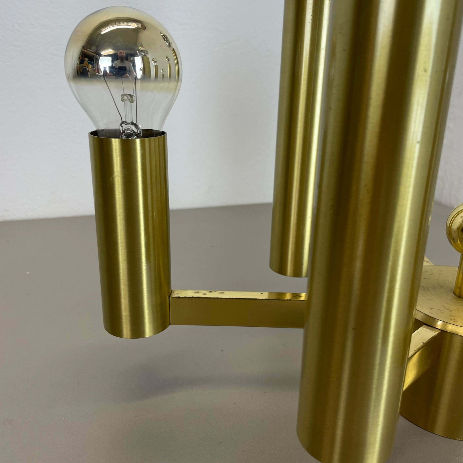 Large Tube Brass 8 Bulb Stilnovo Style Flush Mount Ceiling Light, Italy 1960s photo vinterior