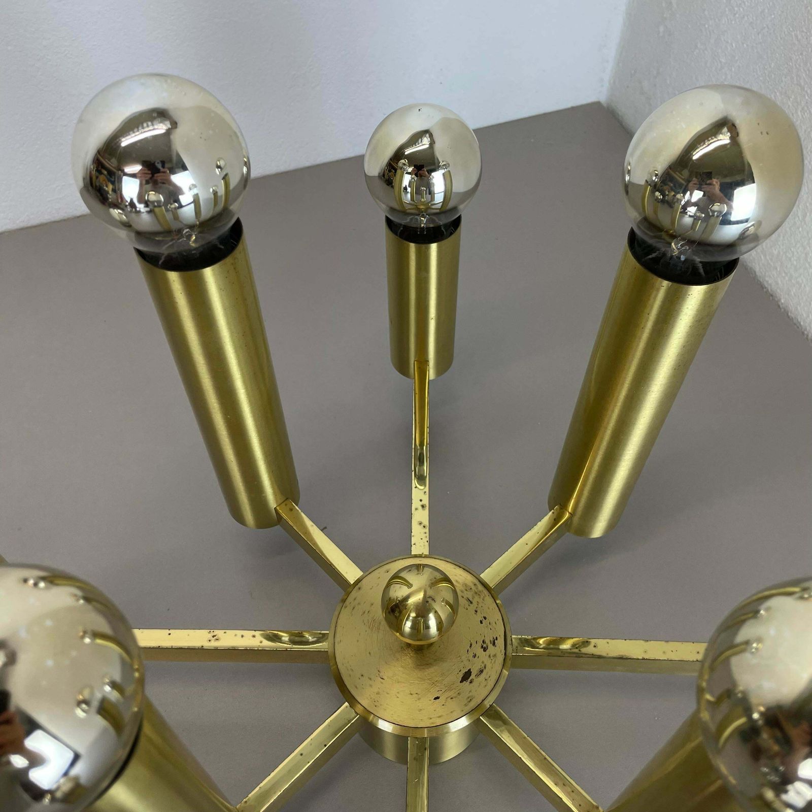 photo furniture Large Tube Brass 8 Bulb Stilnovo Style Flush Mount Ceiling Light, Italy 1960s