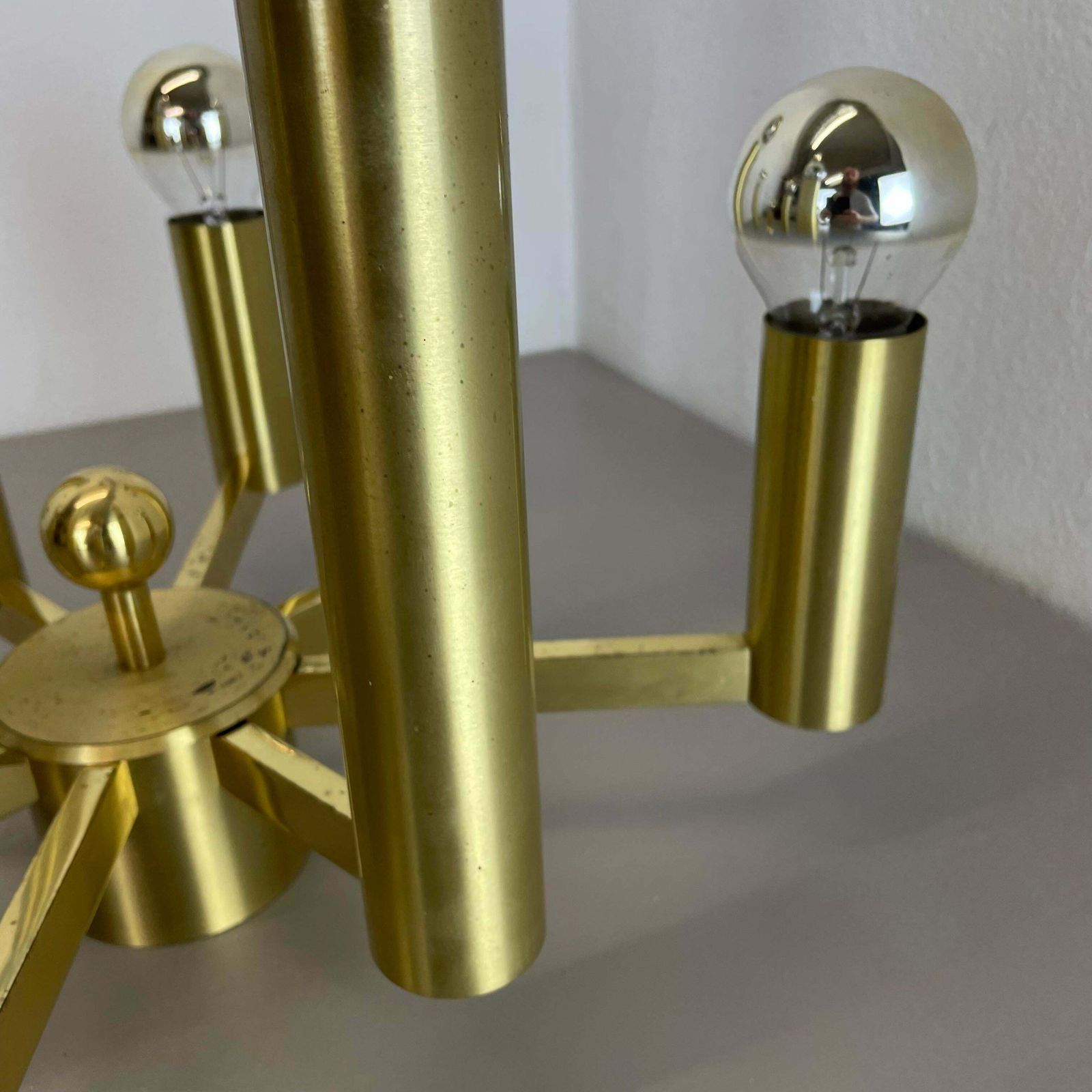 Lighting Large Tube Brass 8 Bulb Stilnovo Style Flush Mount Ceiling Light, Italy 1960s photo