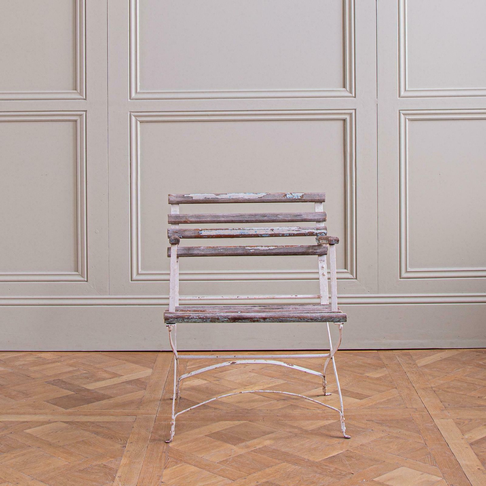 Set Of 4 French Wood Slatted Garden Armchairs With Metal Frame photo furniture