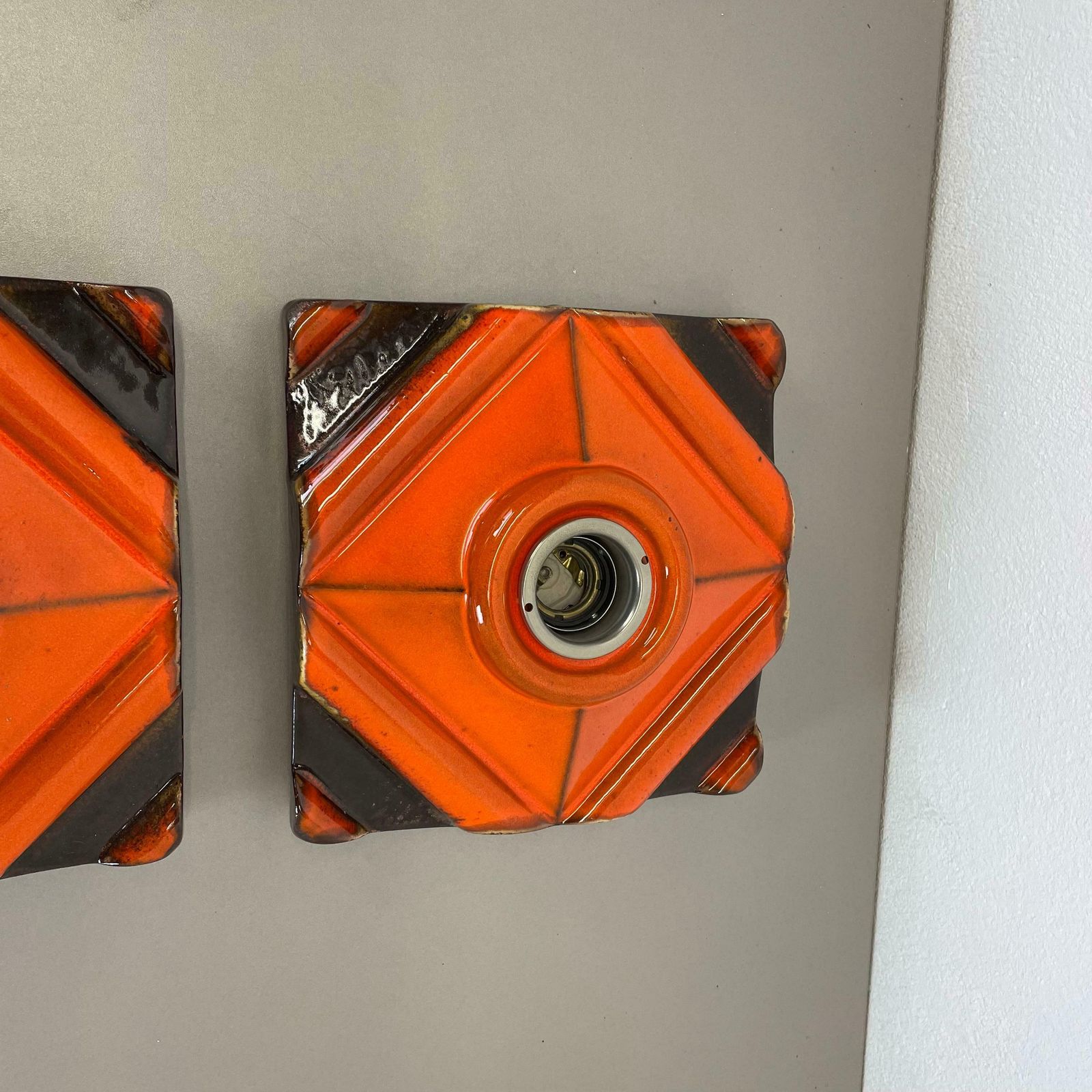 Set Of Two Brown Orange Ceramic Fat Lava Wall Lights Pan Ceramics, Germany 1970 photo buy
