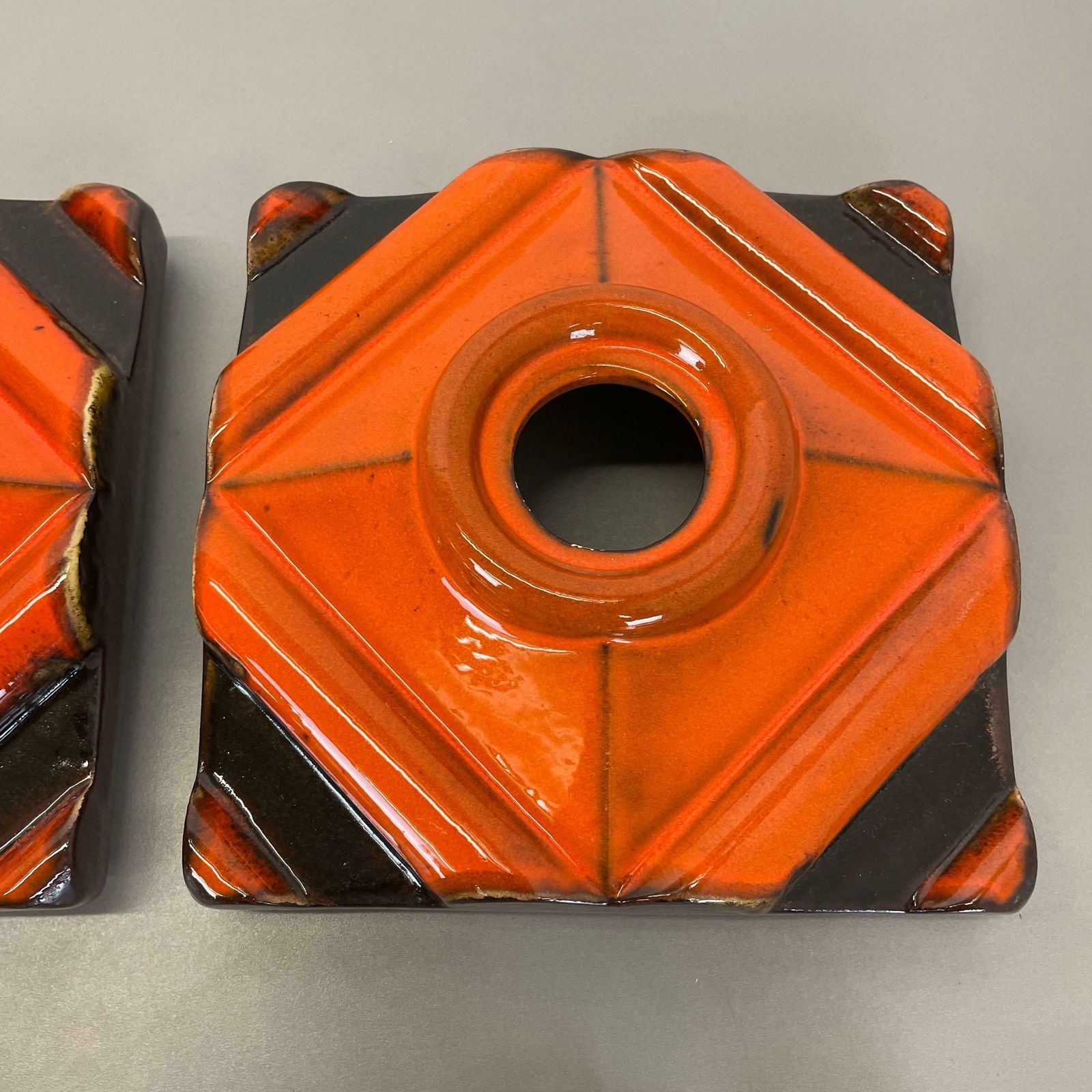 photo vintage Set Of Two Brown Orange Ceramic Fat Lava Wall Lights Pan Ceramics, Germany 1970