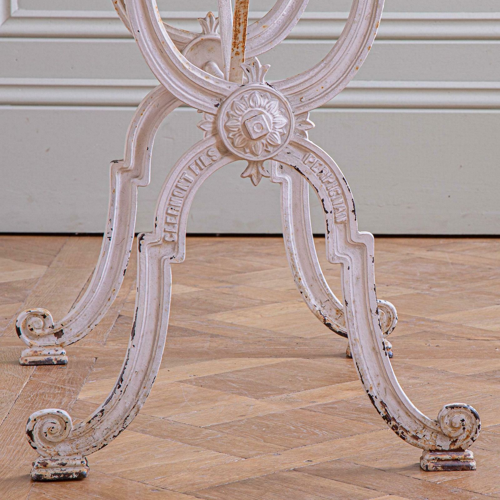 French Antique Iron & Marble Bistro / Garden Table In White By Clermont Fils photo for sale