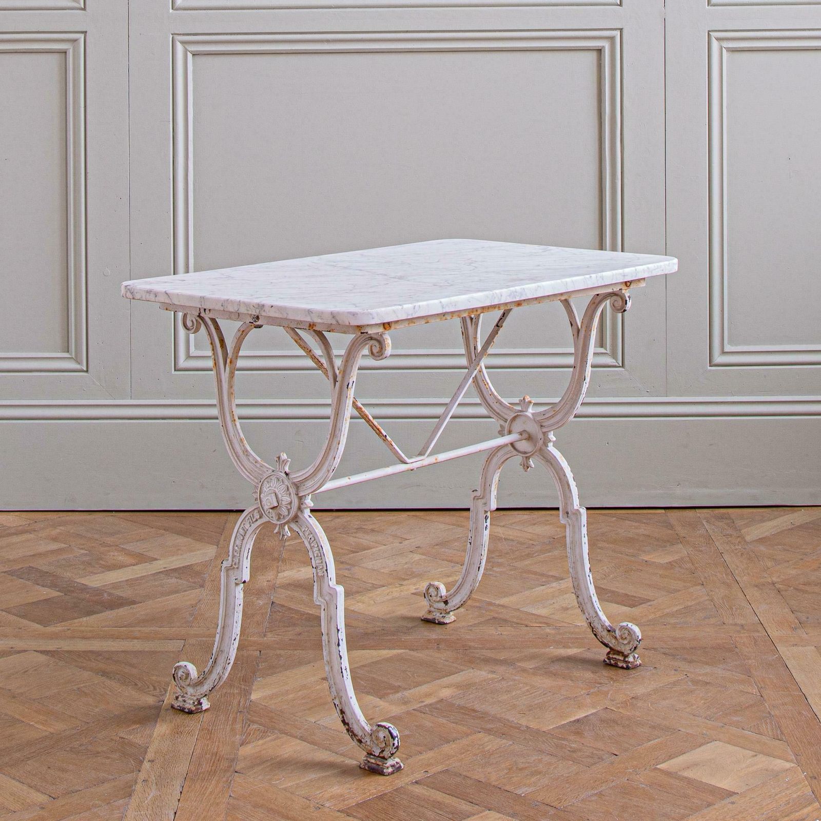 French Antique Iron & Marble Bistro / Garden Table In White By Clermont Fils photo buy