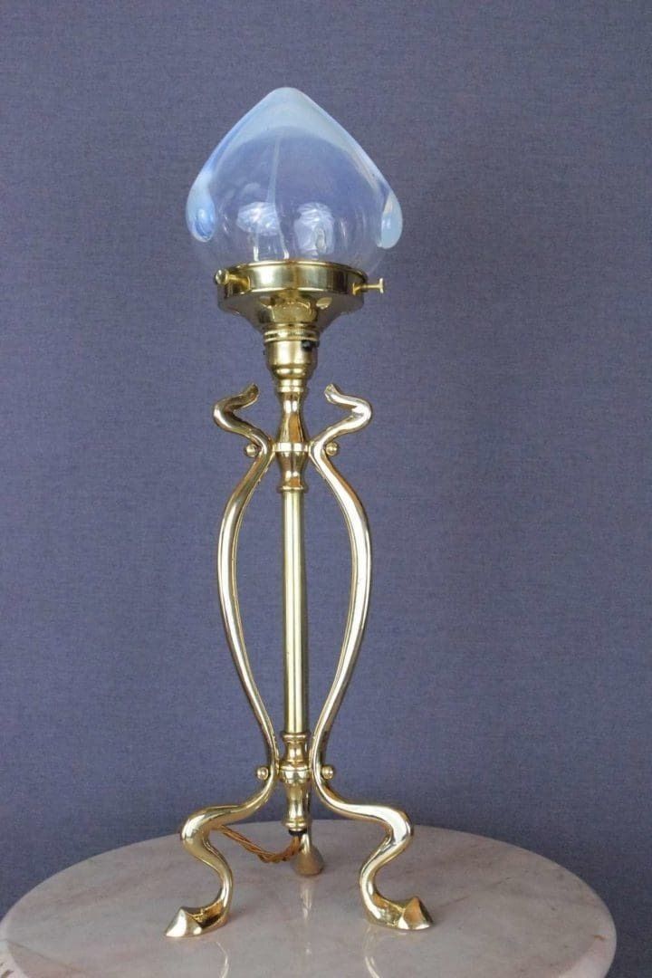 Art Nouveau Style Brass Table Lamp With Hand Blown Vaseline Glass Shade photo vinterior