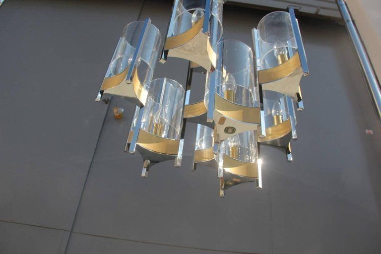 Sciolari Minimal Sculptural Chandelier Brass And Glass Italian Design photo buy