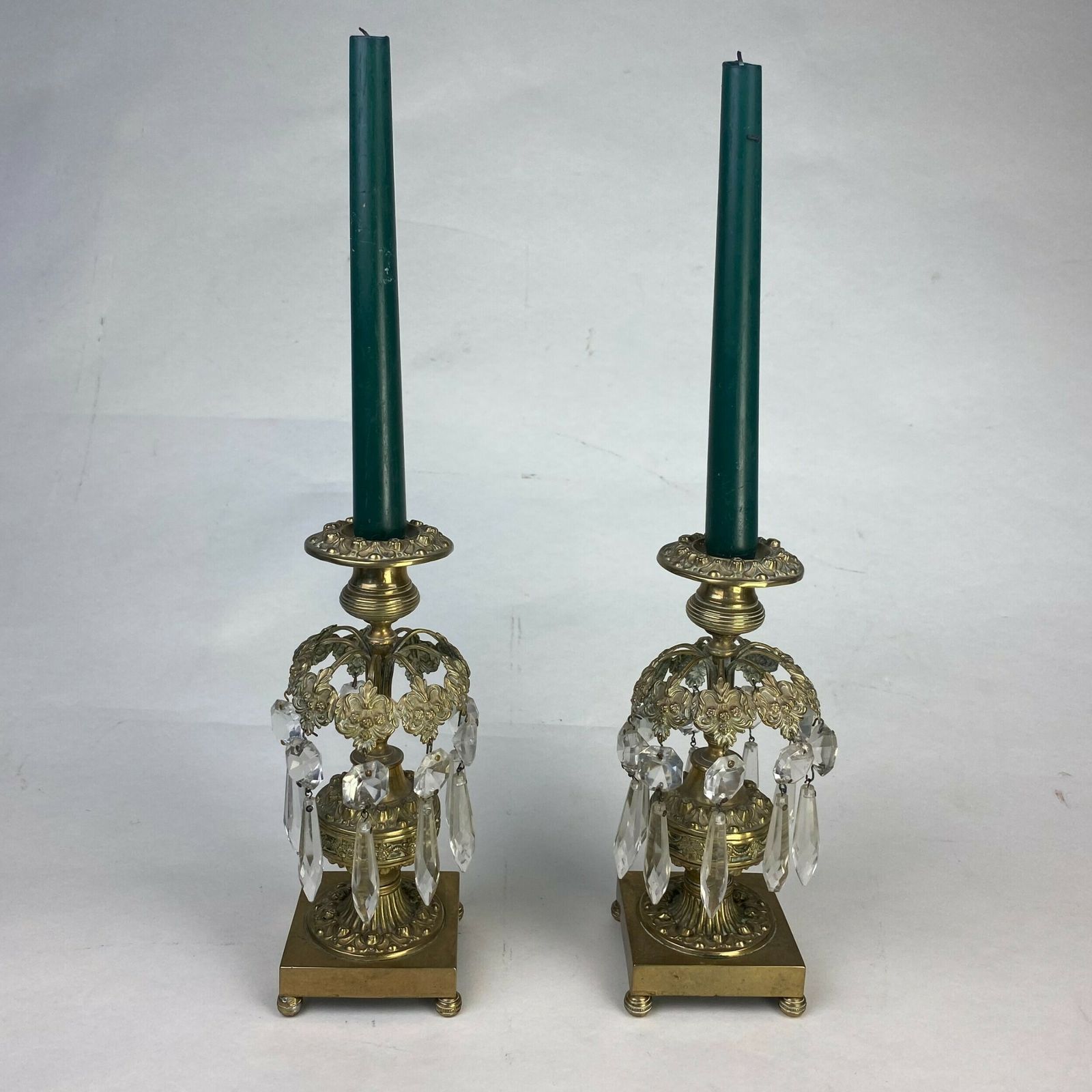 Pair Of Gilt And Glass Lustre Drop Candlesticks