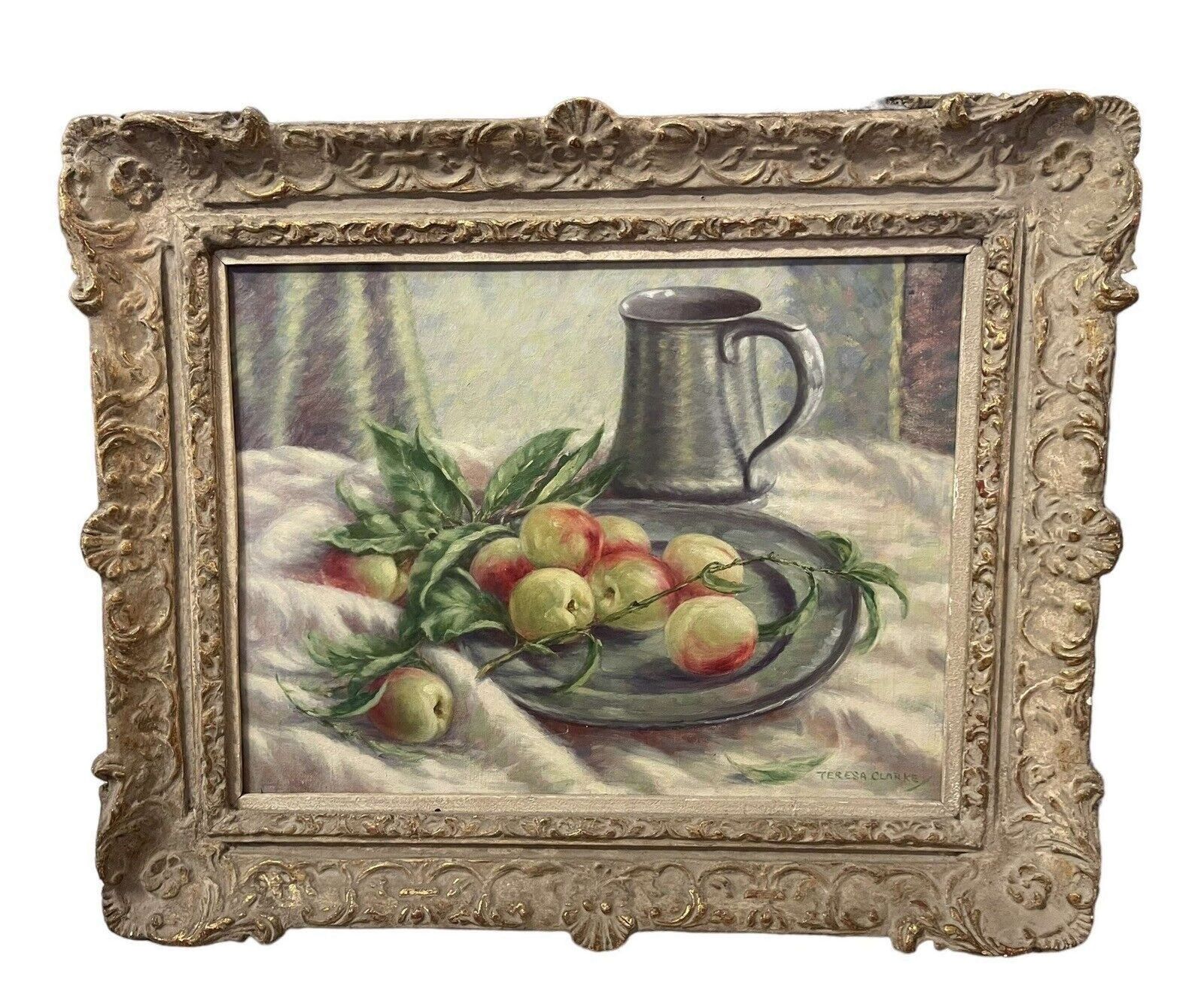 Vintage Still Life Oil Painting By A Teresa Clarke " Nectarines" photo for sale