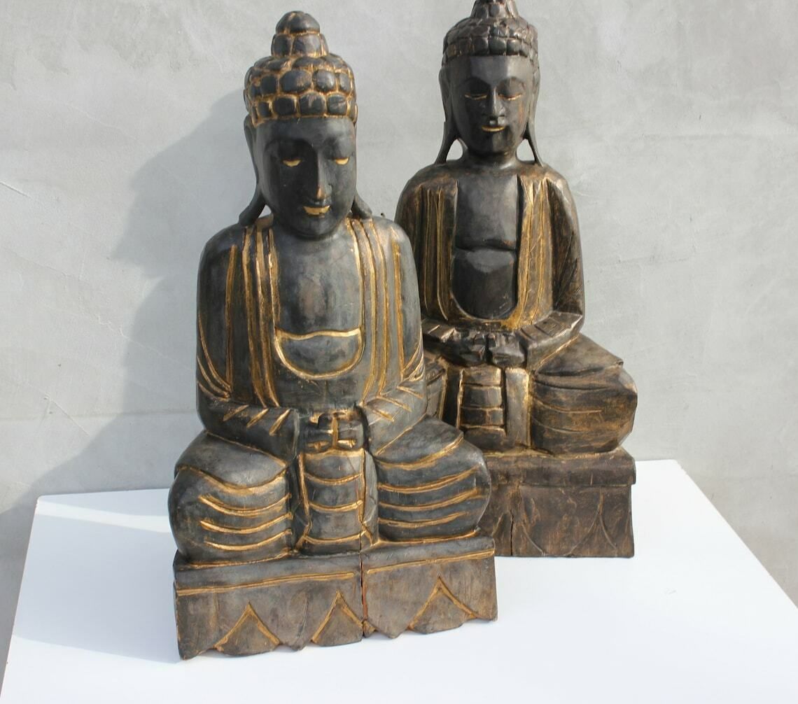 Two Wooden Buddha Statues, A Pair Meditating Hand Carved Buddha Statuettes, Thai photo Art