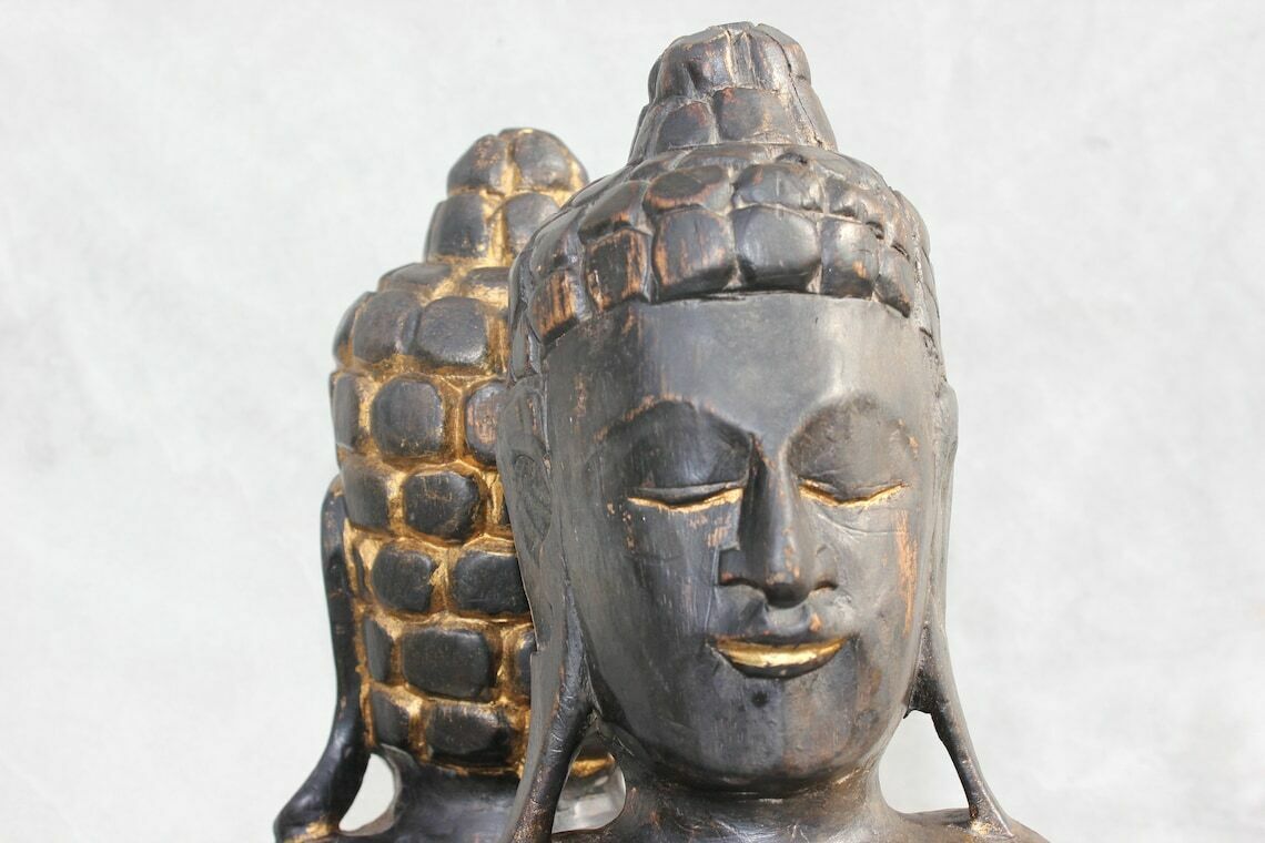 photo for sale Two Wooden Buddha Statues, A Pair Meditating Hand Carved Buddha Statuettes, Thai