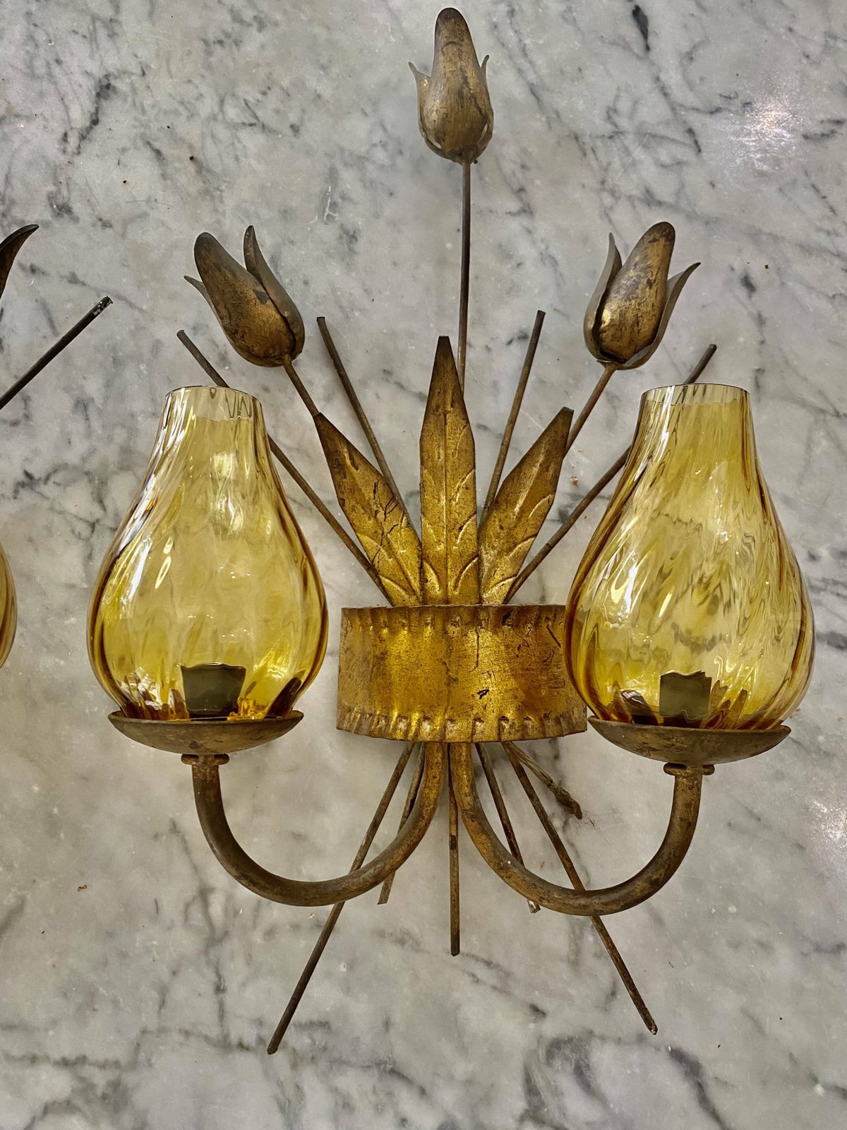 Pair Of Glass And Golden Metal Wall Lights Period 1950 photo furniture