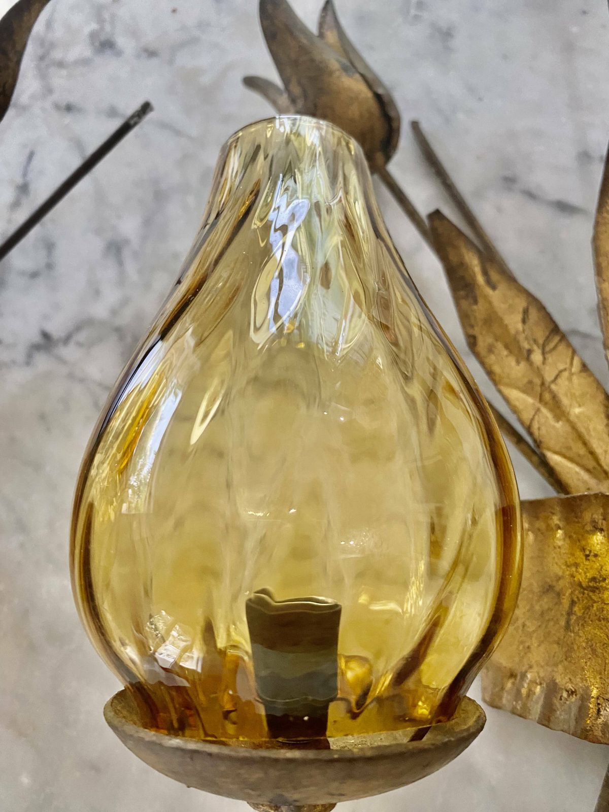 Pair Of Glass And Golden Metal Wall Lights Period 1950 photo Lighting