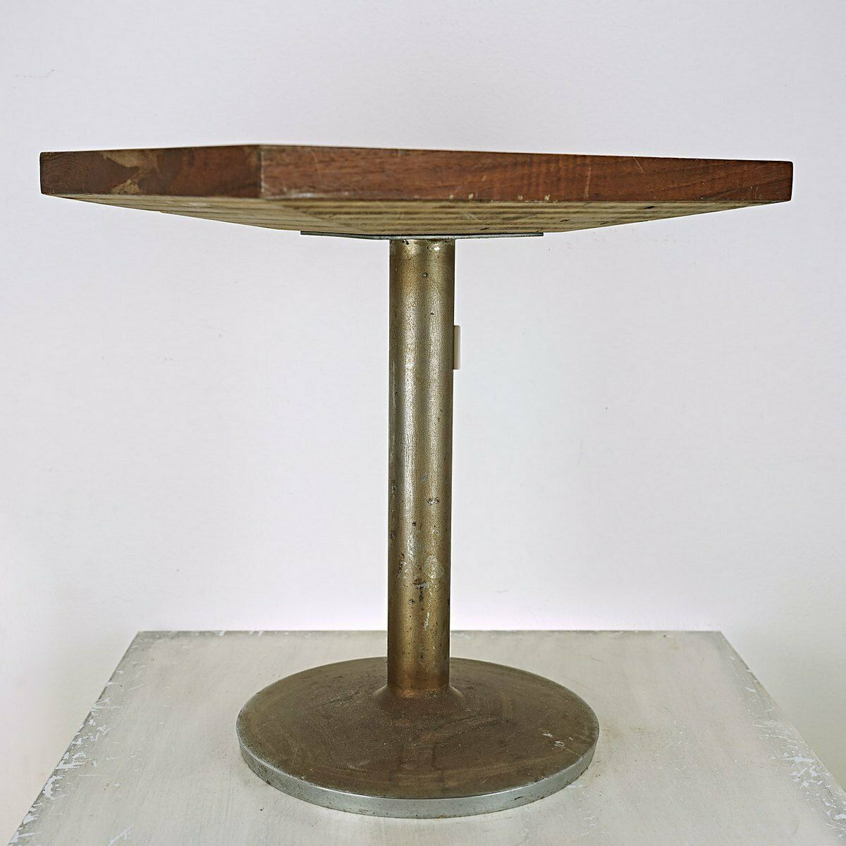 70s Coffee Table With Heavy Metal Base And Teak Wood Top