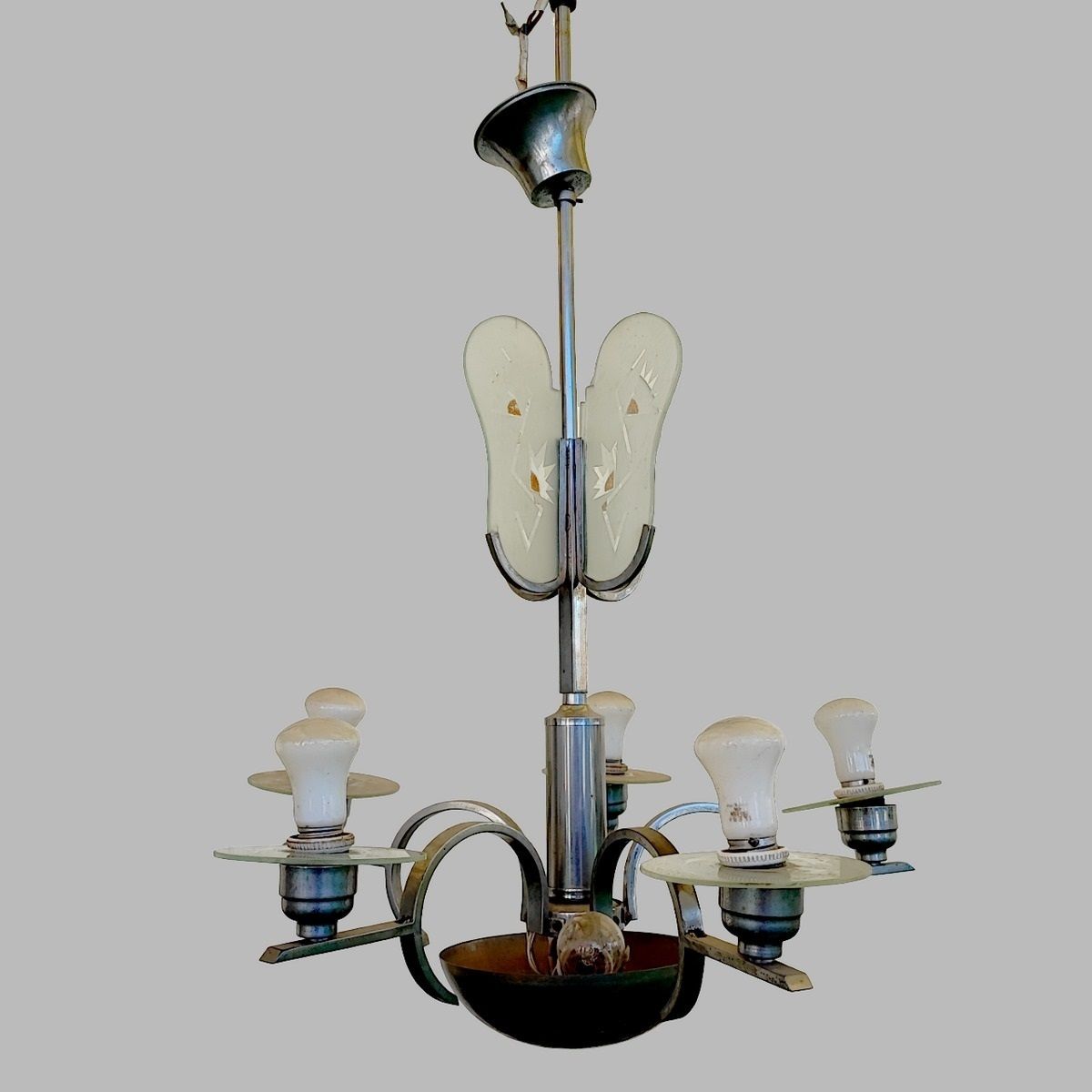 70s Chandelier With Silk Screened Glass Details