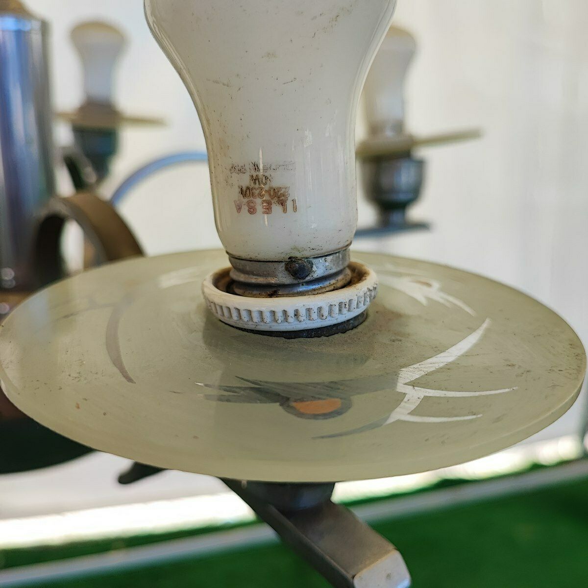 70s Chandelier With Silk Screened Glass Details photo furniture